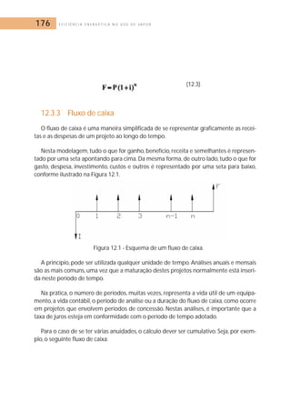176 E F I C I Ê N C I A E N E R G É T I C A N O U S O D E V A P O R 
(12.3) 
12.3.3 Fluxo de caixa 
O fluxo de caixa é uma maneira simplificada de se representar graficamente as recei-tas 
e as despesas de um projeto ao longo do tempo. 
Nesta modelagem, tudo o que for ganho, benefício, receita e semelhantes é represen-tado 
por uma seta apontando para cima.Da mesma forma, de outro lado, tudo o que for 
gasto, despesa, investimento, custos e outros é representado por uma seta para baixo, 
conforme ilustrado na Figura 12.1. 
Figura 12.1 - Esquema de um fluxo de caixa. 
A princípio, pode ser utilizada qualquer unidade de tempo. Análises anuais e mensais 
são as mais comuns, uma vez que a maturação destes projetos normalmente está inseri-da 
neste período de tempo. 
Na prática, o número de períodos,muitas vezes, representa a vida útil de um equipa-mento, 
a vida contábil, o período de análise ou a duração do fluxo de caixa, como ocorre 
em projetos que envolvem períodos de concessão. Nestas análises, é importante que a 
taxa de juros esteja em conformidade com o período de tempo adotado. 
Para o caso de se ter várias anuidades, o cálculo dever ser cumulativo. Seja, por exem-plo, 
o seguinte fluxo de caixa: 
 