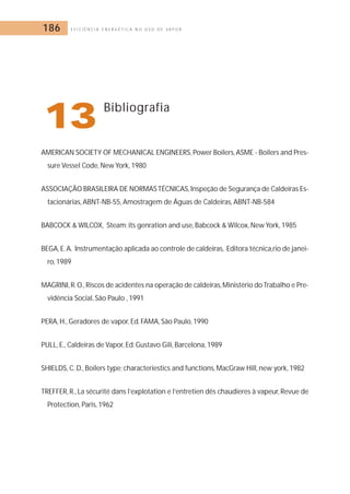 186 E F I C I Ê N C I A E N E R G É T I C A N O U S O D E V A P O R 
13Bibliografia 
AMERICAN SOCIETY OF MECHANICAL ENGINEERS, Power Boilers,ASME - Boilers and Pres-sure 
Vessel Code,New York, 1980 
ASSOCIAÇÃO BRASILEIRA DE NORMAS TÉCNICAS, Inspeção de Segurança de Caldeiras Es-tacionárias, 
ABNT-NB-55, Amostragem de Águas de Caldeiras, ABNT-NB-584 
BABCOCK  WILCOX, Steam: its genration and use, Babcock  Wilcox,New York, 1985 
BEGA, E.A. Instrumentação aplicada ao controle de caldeiras, Editora técnica,rio de janei-ro, 
1989 
MAGRINI, R.O.,Riscos de acidentes na operação de caldeiras,Ministério do Trabalho e Pre-vidência 
Social, São Paulo , 1991 
PERA, H., Geradores de vapor, Ed. FAMA, São Paulo, 1990 
PULL, E., Caldeiras de Vapor, Ed.Gustavo Gili, Barcelona, 1989 
SHIELDS, C.D., Boilers type; characteriestics and functions,MacGraw Hill, new york, 1982 
TREFFER, R., La sécurité dans l’explotation e l’entretien dês chaudieres à vapeur, Revue de 
Protection, Paris, 1962 
 