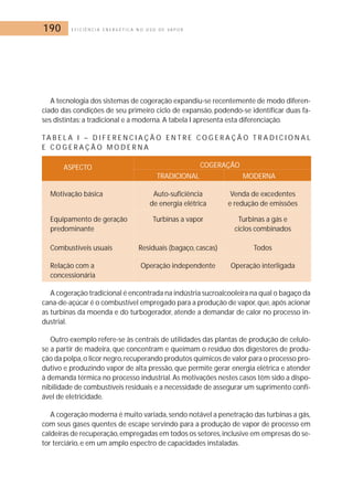 190 E F I C I Ê N C I A E N E R G É T I C A N O U S O D E V A P O R 
A tecnologia dos sistemas de cogeração expandiu-se recentemente de modo diferen-ciado 
das condições de seu primeiro ciclo de expansão, podendo-se identificar duas fa-ses 
distintas: a tradicional e a moderna. A tabela I apresenta esta diferenciação. 
TA B E L A I – D I F E R E N C I A Ç Ã O E N T R E COG E R A Ç Ã O T R A D I C I O N A L 
E COG E R A Ç Ã O M O D E R N A 
COGERAÇÃO 
TRADICIONAL MODERNA 
ASPECTO 
Motivação básica Auto-suficiência Venda de excedentes 
de energia elétrica e redução de emissões 
Equipamento de geração Turbinas a vapor Turbinas a gás e 
predominante ciclos combinados 
Combustíveis usuais Residuais (bagaço, cascas) Todos 
Relação com a Operação independente Operação interligada 
concessionária 
A cogeração tradicional é encontrada na indústria sucroalcooleira na qual o bagaço da 
cana-de-açúcar é o combustível empregado para a produção de vapor, que, após acionar 
as turbinas da moenda e do turbogerador, atende a demandar de calor no processo in-dustrial. 
Outro exemplo refere-se às centrais de utilidades das plantas de produção de celulo-se 
a partir de madeira, que concentram e queimam o resíduo dos digestores de produ-ção 
da polpa, o licor negro, recuperando produtos químicos de valor para o processo pro-dutivo 
e produzindo vapor de alta pressão, que permite gerar energia elétrica e atender 
à demanda térmica no processo industrial.As motivações nestes casos têm sido a dispo-nibilidade 
de combustíveis residuais e a necessidade de assegurar um suprimento confi-ável 
de eletricidade. 
A cogeração moderna é muito variada, sendo notável a penetração das turbinas a gás, 
com seus gases quentes de escape servindo para a produção de vapor de processo em 
caldeiras de recuperação, empregadas em todos os setores, inclusive em empresas do se-tor 
terciário, e em um amplo espectro de capacidades instaladas. 
 