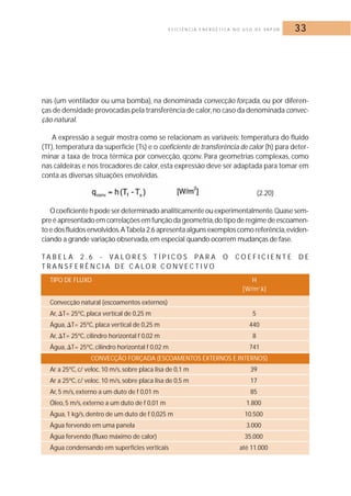 E F I C I Ê N C I A E N E R G É T I C A N O U S O D E VA P O R 33 
nas (um ventilador ou uma bomba), na denominada convecção forçada, ou por diferen-ças 
de densidade provocadas pela transferência de calor,no caso da denominada convec-ção 
natural. 
A expressão a seguir mostra como se relacionam as variáveis: temperatura do fluído 
(Tf ), temperatura da superfície (Ts) e o coeficiente de transferência de calor (h) para deter-minar 
a taxa de troca térmica por convecção, qconv. Para geometrias complexas, como 
nas caldeiras e nos trocadores de calor, esta expressão deve ser adaptada para tomar em 
conta as diversas situações envolvidas. 
(2.20) 
O coeficiente h pode ser determinado analiticamente ou experimentalmente.Quase sem-pre 
é apresentado em correlações em função da geometria,do tipo de regime de escoamen-to 
e dos fluídos envolvidos.A Tabela 2.6 apresenta alguns exemplos como referência,eviden-ciando 
a grande variação observada, em especial quando ocorrem mudanças de fase. 
TA B E L A 2 . 6 - VA LOR E S T Í P I COS PA R A O COE F I C I E N T E D E 
T R A N S F E R Ê N C I A D E C A LOR CON V E C T I V O 
TIPO DE FLUXO H 
[W/m2.k] 
Convecção natural (escoamentos externos) 
Ar,T= 25ºC, placa vertical de 0,25 m 5 
Água,T= 25ºC, placa vertical de 0,25 m 440 
Ar,T= 25ºC, cilindro horizontal f 0,02 m 8 
Água,T= 25ºC, cilindro horizontal f 0,02 m 741 
CONVECÇÃO FORÇADA (ESCOAMENTOS EXTERNOS E INTERNOS) 
Ar a 25ºC, c/ veloc. 10 m/s, sobre placa lisa de 0,1 m 39 
Ar a 25ºC, c/ veloc. 10 m/s, sobre placa lisa de 0,5 m 17 
Ar, 5 m/s, externo a um duto de f 0,01 m 85 
Óleo, 5 m/s, externo a um duto de f 0,01 m 1.800 
Água, 1 kg/s, dentro de um duto de f 0,025 m 10.500 
Água fervendo em uma panela 3.000 
Água fervendo (fluxo máximo de calor) 35.000 
Água condensando em superfícies verticais até 11.000 
 