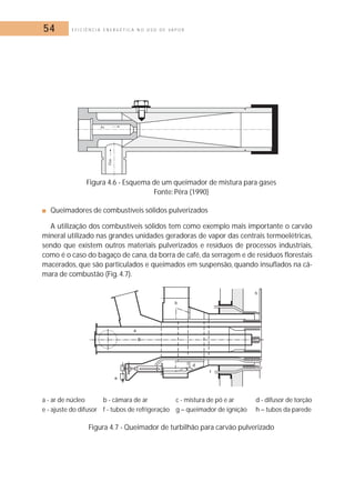 54 E F I C I Ê N C I A E N E R G É T I C A N O U S O D E V A P O R 
Figura 4.6 - Esquema de um queimador de mistura para gases 
Fonte: Pêra (1990) 
■ Queimadores de combustíveis sólidos pulverizados 
A utilização dos combustíveis sólidos tem como exemplo mais importante o carvão 
mineral utilizado nas grandes unidades geradoras de vapor das centrais termoelétricas, 
sendo que existem outros materiais pulverizados e resíduos de processos industriais, 
como é o caso do bagaço de cana, da borra de café, da serragem e de resíduos florestais 
macerados, que são particulados e queimados em suspensão, quando insuflados na câ-mara 
de combustão (Fig. 4.7). 
a - ar de núcleo b - câmara de ar c - mistura de pó e ar d - difusor de torção 
e - ajuste do difusor f - tubos de refrigeração g – queimador de ignição h – tubos da parede 
Figura 4.7 - Queimador de turbilhão para carvão pulverizado 
 