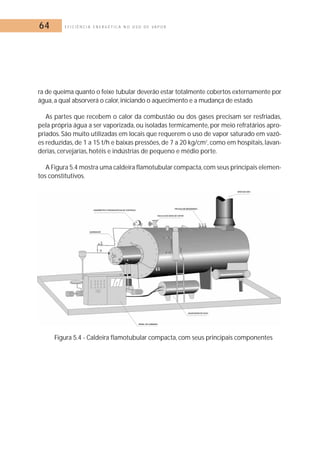 64 E F I C I Ê N C I A E N E R G É T I C A N O U S O D E V A P O R 
ra de queima quanto o feixe tubular deverão estar totalmente cobertos externamente por 
água, a qual absorverá o calor, iniciando o aquecimento e a mudança de estado. 
As partes que recebem o calor da combustão ou dos gases precisam ser resfriadas, 
pela própria água a ser vaporizada, ou isoladas termicamente, por meio refratários apro-priados. 
São muito utilizadas em locais que requerem o uso de vapor saturado em vazõ-es 
reduzidas, de 1 a 15 t/h e baixas pressões, de 7 a 20 kg/cm2, como em hospitais, lavan-derias, 
cervejarias, hotéis e indústrias de pequeno e médio porte. 
A Figura 5.4 mostra uma caldeira flamotubular compacta, com seus principais elemen-tos 
constitutivos. 
Figura 5.4 - Caldeira flamotubular compacta, com seus principais componentes 
 