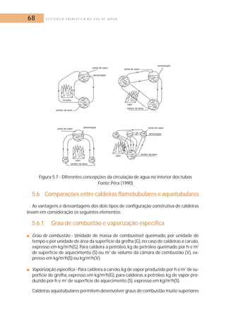 68 E F I C I Ê N C I A E N E R G É T I C A N O U S O D E V A P O R 
Figura 5.7 - Diferentes concepções da circulação de água no interior dos tubos 
Fonte: Pêra (1990) 
5.6 Comparações entre caldeiras flamotubulares e aquotubulares 
As vantagens e desvantagens dos dois tipos de configuração construtiva de caldeiras 
levam em consideração os seguintes elementos: 
5.6.1 Grau de combustão e vaporização específica 
■ Grau de combustão - Unidade de massa de combustível queimado, por unidade de 
tempo e por unidade de área da superfície da grelha (G), no caso de caldeiras a carvão, 
expresso em kg/m2h(G). Para caldeira a petróleo, kg de petróleo queimado por h e m2 
de superfície de aquecimento (S) ou m3 de volume da câmara de combustão (V), ex-presso 
em kg/m2h(S) ou kg/m3h(V). 
■ Vaporização específica - Para caldeira a carvão, kg de vapor produzido por h e m2 de su-perfície 
de grelha, expresso em kg/m2h(G), para caldeiras a petróleo, kg de vapor pro-duzido 
por h e m2 de superfície de aquecimento (S), expresso em kg/m2h(S). 
Caldeiras aquotubulares permitem desenvolver graus de combustão muito superiores 
 