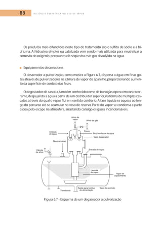 88 E F I C I Ê N C I A E N E R G É T I C A N O U S O D E V A P O R 
Os produtos mais difundidos neste tipo de tratamento são o sulfito de sódio e a hi-drazina. 
A hidrazina simples ou catalizada vem sendo mais utilizada para neutralizar a 
corrosão do oxigênio, porquanto ela seqüestra este gás dissolvido na água. 
■ Equipamentos desaeradores 
O desaerador a pulverização, como mostra a Figura 6.7, dispersa a água em finas go-tas 
através de pulverizadores na câmara de vapor do aparelho, proporcionando aumen-to 
da superfície de contato das fases. 
O degaseador de cascata, também conhecido como de bandejas,opera em contracor-rente, 
despejando a água a partir de um distribuidor superior,na forma de múltiplas cas-catas, 
através do qual o vapor flui em sentido contrário. A fase líquida se aquece ao lon-go 
do percurso até se acumular no vaso de reserva. Parte do vapor se condensa e parte 
escoa pelo escape na atmosfera, arrastando consigo os gases incondensáveis. 
Figura 6.7 - Esquema de um degaseador a pulverização 
 