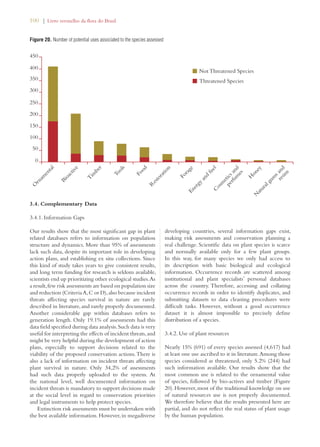 100 | Livro vermelho da flora do Brasil 
Figure 20. Number of potential uses associated to the species assessed 
3.4. Complementary Data 
3.4.1. Information Gaps 
Our results show that the most significant gap in plant 
related databases refers to information on population 
structure and dynamics. More than 95% of assessments 
lack such data, despite its important role in developing 
action plans, and establishing ex situ collections. Since 
this kind of study takes years to give consistent results, 
and long term funding for research is seldom available, 
scientists end up prioritizing other ecological studies. As 
a result, few risk assessments are based on population size 
and reduction (Criteria A, C or D), also because incident 
threats affecting species survival in nature are rarely 
described in literature, and rarely properly documented. 
Another considerable gap within databases refers to 
generation length. Only 19.1% of assessments had this 
data field specified during data analysis. Such data is very 
useful for interpreting the effects of incident threats, and 
might be very helpful during the development of action 
plans, especially to support decisions related to the 
viability of the proposed conservation actions. There is 
also a lack of information on incident threats affecting 
plant survival in nature. Only 34,2% of assessments 
had such data properly uploaded to the system. At 
the national level, well documented information on 
incident threats is mandatory to support decisions made 
at the social level in regard to conservation priorities 
and legal instruments to help protect species. 
Extinction risk assessments must be undertaken with 
the best available information. However, in megadiverse 
Not Threatened Species 
Threatened Species 
developing countries, several information gaps exist, 
making risk assessments and conservation planning a 
real challenge. Scientific data on plant species is scarce 
and normally available only for a few plant groups. 
In this way, for many species we only had access to 
its description with basic biological and ecological 
information. Occurrence records are scattered among 
institutional and plant specialists’ personal databases 
across the country. Therefore, accessing and collating 
occurrence records in order to identify duplicates, and 
submitting datasets to data cleaning procedures were 
difficult tasks. However, without a good occurrence 
dataset it is almost impossible to precisely define 
distribution of a species. 
3.4.2. Use of plant resources 
Nearly 15% (691) of every species assessed (4,617) had 
at least one use ascribed to it in literature. Among those 
species considered as threatened, only 5.2% (244) had 
such information available. Our results show that the 
most common use is related to the ornamental value 
of species, followed by bio-actives and timber (Figure 
20). However, most of the traditional knowledge on use 
of natural resources use is not properly documented. 
We therefore believe that the results presented here are 
partial, and do not reflect the real status of plant usage 
by the human population. 
450 
Ornamental 
Bioactive 
Timber 
Tools 
Food 
Restoration 
Forage 
Energy and fuel 
Cosmetics and 
perfumes 
Honey 
Natural gums and 
resins 
400 
350 
300 
250 
200 
150 
100 
50 
0 
 