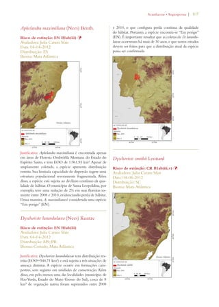 | 107 
Aphelandra maximiliana (Nees) Benth. 
Risco de extinção: EN B1ab(iii) Þ 
Avaliadora: Julia Caram Sfair 
Data: 04-04-2012 
Distribuição: ES 
Bioma: Mata Atlântica 
Justificativa: Aphelandra maximiliana é encontrada apenas 
em áreas de Floresta Ombrófila Montana do Estado do 
Espírito Santo, e tem EOO de 1.961,93 km². Apesar de 
amplamente coletada, a espécie apresenta distribuição 
restrita. Sua limitada capacidade de dispersão sugere uma 
estrutura populacional severamente fragmentada. Além 
disso, a espécie está sujeita ao declínio contínuo da qua-lidade 
de hábitat. O município de Santa Leopoldina, por 
exemplo, teve uma redução de 2% em suas florestas so-mente 
entre 2008 e 2010, evidenciando perda de hábitat. 
Dessa maneira, A. maximiliana é considerada uma espécie 
“Em perigo” (EN). 
Dyschoriste lavandulacea (Nees) Kuntze 
Risco de extinção: EN B1ab(iii) 
Avaliadora: Julia Caram Sfair 
Data: 04-04-2012 
Distribuição: MS; PR 
Bioma: Cerrado, Mata Atlântica 
Justificativa: Dyschoriste lavandulaceae tem distribuição res-trita 
(EOO=544,71 km²) e está sujeita a três situações de 
ameaça distintas. A espécie ocorre em formações cam-pestres, 
sem registro em unidades de conservação. Além 
disso, em pelo menos uma das localidades (município de 
Rio Verde, Estado do Mato Grosso do Sul), cerca de 8 
km² de vegetação nativa foram suprimidos entre 2008 
!CANTHACEAEs!NGIOSPERMA 
e 2010, o que configura perda contínua da qualidade 
do hábitat. Portanto, a espécie encontra-se “Em perigo” 
(EN). É importante ressaltar que as coletas de D. lavandu-laceae 
ocorreram há mais de 30 anos, e que novos estudos 
devem ser feitos para que a distribuição atual da espécie 
possa ser confirmada. 
Dyschoriste smithii Leonard 
Risco de extinção: CR B1ab(iii,v) Þ 
Avaliadora: Julia Caram Sfair 
Data: 04-04-2012 
Distribuição: SC 
Bioma: Mata Atlântica 
 