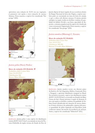| 109 
apresentou uma redução de 23,5% em sua vegetação. 
J. paranaensis está sujeita a cinco situações de ameaça 
distintas. Dessa maneira, a espécie foi considerada “Em 
perigo” (EN). 
Justicia polita (Nees) Profice 
Risco de extinção: EN B1ab(iii) Þ 
Avaliadora: Julia Caram Sfair 
Data: 04-04-2012 
Distribuição: RJ 
Bioma: Mata Atlântica 
Justificativa: Justicia polita é uma espécie de distribuição 
restrita (EOO=662,74 km²), encontrada em áreas de Flo-resta 
Ombrófila da região serrana do Estado do Rio de 
!CANTHACEAEs!NGIOSPERMA 
Janeiro. Apesar de haver registro de sua ocorrência dentro 
do Parque Nacional da Serra dos Órgãos, a espécie tam-bém 
pode ser encontrada em áreas de beira de estrada, 
o que a coloca sob diversas ameaças. A intensa pressão 
antrópica na região resulta em declínio contínuo da qua-lidade 
do hábitat. Devido a sua baixa capacidade de dis-persão, 
a estrutura populacional da espécie foi classificada 
como severamente fragmentada. Dessa maneira, a espécie 
foi considerada “Em perigo” (EN). 
Justicia ramulosa (Morong) C. Ezcurra 
Risco de extinção: VU B1ab(iii) 
Avaliadora: Julia Caram Sfair 
Data: 04-04-2012 
Distribuição: MS; PR 
Biomas: Cerrado, Mata Atlântica 
Justificativa: Justicia ramulosa ocorre em diversos países 
da América do Sul (Argentina, Bolívia, Guatemala, Peru 
e Paraguai) e apresenta distribuição marginal no Brasil. 
No território nacional, a espécie tem distribuição restrita 
(EOO= 8.639,930 km²), ocorrendo nos Estados do Mato 
Grosso do Sul e Paraná, próximo à região de fronteira. A 
área está sujeita ao declínio contínuo da qualidade de há-bitat. 
Foram identificadas três situações de ameaça distin-tas. 
A baixa eficiência do polinizador, expressa pela pou-ca 
quantidade de pólen registrada em beija-flores, pode 
evidenciar estresse decorrente da incidência de ameaças. 
Assim, a espécie foi considerada “Vulnerável” (VU). 
 