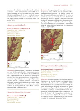 | 111 
caracterizando o declínio contínuo da área e da qualidade 
do hábitat. Ocorre exclusivamente acima de 800 m de 
altitude, em locais de serra no Estado do Rio de Janeiro. 
Não é coletada há mais de 40 anos e estudos devem ser 
realizados no futuro para se avaliar o estado de conserva-ção 
real da espécie. Portanto, é caracterizada como “Em 
perigo” (EN). 
Staurogyne carvalhoi Profice 
Risco de extinção: VU B1ab(iii) Þ 
Avaliadora: Julia Caram Sfair 
Data: 04-04-2012 
Distribuição: BA; ES 
Bioma: Mata Atlântica 
Justificativa: Staurogyne carvalhoi é uma espécie encontrada 
em áreas de Floresta Ombrófila e tem uma extensão de 
ocorrência menor do que 20.000 km² (EOO=12.277,56 
km²). Foram identificadas de cinco a seis situações de 
ameaça. Além disso, apresenta estrutura populacional se-veramente 
fragmentada, já que suas subpopulações estão 
distantes entre si, e a espécie tem baixa capacidade de 
dispersão. No município de Eunápolis (BA) houve perda 
de 19,5% de Mata Atlântica, o que configura diminuição 
contínua de área e qualidade de hábitat. Assim, a espécie 
foi considerada “Vulnerável” (VU). 
Staurogyne elegans (Nees) Kuntze 
Risco de extinção: VU D2 Þ 
Avaliadora: Julia Caram Sfair 
Data: 04-04-2012 
Distribuição: MG 
Bioma: Mata Atlântica 
!CANTHACEAEs!NGIOSPERMA 
Justificativa: Staurogyne elegans é uma espécie encontra-da 
apenas na região da Serra do Cipó, em áreas de Flo-resta 
Estacional Semidecídua e de Mata de Galeria. Sua 
área de ocupação é bastante restrita (AOO=12 km²), e a 
ocorrência parece ser rara no local. Foram identificadas 
três situações de ameaça distintas. A espécie está sujeita ao 
declínio da qualidade de hábitat. Além disso, transforma-ções 
da paisagem podem dificultar ainda mais sua disper-são, 
que já representa um fator limitante. A espécie tem 
dispersão primária do tipo autocórica. Foi considerada 
“Vulnerável (VU D2)”. 
Staurogyne itatiaiae (Wawra) Leonard 
Risco de extinção: EN B1ab(iii) Þ 
Avaliadora: Julia Caram Sfair 
Data: 04-04-2012 
Distribuição: MG; RJ; SP 
Bioma: Mata Atlântica 
Justificativa: Staurogyne itatiaiae é encontrada na Serra da 
Mantiqueira, na Serra da Bocaina e no Parque Nacio-nal 
do Itatiaia. Tem distribuição restrita (EOO=1.286,11 
km²) e suspeita-se que a sua população tenha sofrido de-clínio 
devido à perda de hábitat. Além disso, em função 
da capacidade de dispersão limitada da espécie, podemos 
considerar a população severamente fragmentada. Apa-rentemente, 
há uma disjunção entre as populações das 
Serras da Bocaina e da Mantiqueira, o que justifica es-tudos 
futuros com o objetivo de se verificar o estado 
de conservação dessas subpopulações. Por esses motivos, 
S. itatiaiae foi considerada “Em perigo” (EN). 
 