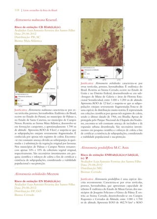 118 | Livro vermelho da flora do Brasil 
Alstroemeria malmeana Kraenzl. 
Risco de extinção: CR B2ab(ii,iii,iv) 
Avaliador: Luiz Antonio Ferreira dos Santos Filho 
Data: 29-08-2012 
Distribuição: PR; SC 
Bioma: Mata Atlântica 
Justificativa: Alstroemeria malmeana caracteriza-se por er-vas 
terrícolas, perenes, hermafroditas. Endêmica do Brasil, 
ocorre no Estado do Paraná, no município de Palmas e, 
no Estado de Santa Catarina, no município de Campos 
Novos. Restrita ao bioma Mata Atlântica, desenvolve-se 
em formações campestres, a aproximadamente 1.700 m 
de altitude. Apresenta AOO de 8 km², e suspeita-se que 
as subpopulações estejam severamente fragmentadas. É 
conhecida por apenas três registros de coleta. Encontra- 
-se em constante ameaça devido ao sobrepastejo, às quei-madas 
e à substituição da vegetação original por lavouras. 
Nos municípios de Palmas e Campos Novos remanes-cem 
apenas 14% e 10% da cobertura vegetal original, 
respectivamente. São necessários investimentos em pes-quisa 
científica e esforços de coleta a fim de certificar a 
existência de subpopulações, considerando a viabilidade 
populacional e sua proteção. 
Alstroemeria orchidioides Meerow 
Risco de extinção: EN B2ab(ii,iii,iv) 
Avaliador: Luiz Antonio Ferreira dos Santos Filho 
Data: 29-08-2012 
Distribuição: DF; GO 
Bioma: Cerrado 
Justificativa: Alstroemeria orchidioides caracteriza-se por 
ervas terrícolas, perenes, hermafroditas. É endêmica do 
Brasil. Restrita ao bioma Cerrado, ocorre no Estado de 
Goiás e no Distrito Federal, desenvolvendo-se em sub- 
-bosques de Matas de Galeria e áreas de Floresta Esta-cional 
Semidecidual, entre 1.000 e 1.200 m de altitude. 
Apresenta AOO de 12 km², e suspeita-se que as subpo-pulações 
estejam severamente fragmentadas.Trata-se de 
uma espécie de distribuição muito restrita. É representada 
em coleções científicas por apenas três registros de coleta, 
sendo o último datado de 1966, em Brasília. Apesar de 
protegida pelo Parque Nacional da Chapada dos Veadei-ros, 
encontra-se sob constante ameaça de incêndios e da 
expansão urbana desordenada. São necessários investi-mentos 
em pesquisa científica e esforços de coleta a fim 
de certificar a existência de subpopulações, considerando 
a viabilidade populacional e sua proteção. 
Alstroemeria penduliflora M.C. Assis 
Risco de extinção: ENB1ab(ii,iii,iv)+2ab(ii,iii, 
iv) Þ 
Avaliador: Luiz Antonio Ferreira dos Santos Filho 
Data: 29-08-2012 
Distribuição: MG 
Biomas: Cerrado 
Justificativa: Alstroemeria penduliflora é uma espécie des-crita 
recentemente. Caracteriza-se por ervas terrícolas, 
perenes, hermafroditas, que apresentam capacidade de 
rebroto. É endêmica do Estado de Minas Gerais, dos mu-nicípios 
de Joaquim Feliciano e Várzea da Palma. É res-trita 
ao bioma Cerrado, desenvolvendo-se em Campos 
Rupestres e Cerrados de Altitude, entre 1.080 e 1.700 
m de altitude. Apresenta EOO de 482,74 km² e AOO 
 