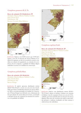 | 123 
Gomphrena paranensis R.E. Fr. 
Risco de extinção: VU B1ab(i,iii,iv) Þ 
Avaliador: Marcus Alberto Nadruz Coelho 
Data: 04-04-2012 
Distribuição: PR 
Biomas: Cerrado; Mata Atlântica 
Justificativa: Espécie com EOO menor que 5.000 km², 
sujeita a cerca de 10 situações de ameaça distintas. A re-dução 
da vegetação na área de ocorrência acarreta o de-clínio 
no número de populações, na extensão de ocor-rência, 
área de ocupação, e qualidade do hábitat. Alguns 
indivíduos ocorrem em unidades de conservação. 
Gomphrena pulchella Mart. 
Risco de extinção: EN B1ab(i,iii) 
Avaliador: Marcus Alberto Nadruz Coelho 
Data: 04-04-2012 
Distribuição: RS 
Bioma: Pampa 
Justificativa: A espécie apresenta distribuição restrita 
(EOO=581,35 km²) e ocorre em cerca de cinco locali-dades 
que foram consideradas situações de ameaça distin-tas. 
Não se encontra protegida em unidade de conserva-ção. 
O bioma Pampa vem sofrendo com a diminuição da 
área por plantio de monocultura de árvores, acarretando 
o declínio da área de ocupação, da extensão de ocorrên-cia 
e de qualidade do hábitat. 
!MARANTHACEAEs!NGIOSPERMA 
Gomphrena regeliana Seub. 
Risco de extinção: VU B1ab(ii,iii) Þ 
Avaliador: Marcus Alberto Nadruz Coelho 
Data: 04-04-2012 
Distribuição: MS; PR 
Bioma: Mata Atlântica 
Justificativa: Espécie com distribuição restrita (EOO= 
551,78 km²), sujeita ao declínio contínuo em extensão 
de hábitat e área de ocupação. Ocorre em cerca de 10 lo-calidades, 
que foram identificadas em situações de ameaça 
distintas. Duas áreas de ocorrência da espécie estão situa-das 
próximo a rodovias, resultando em forte ameaça à 
sobrevivência dos indivíduos. 
 