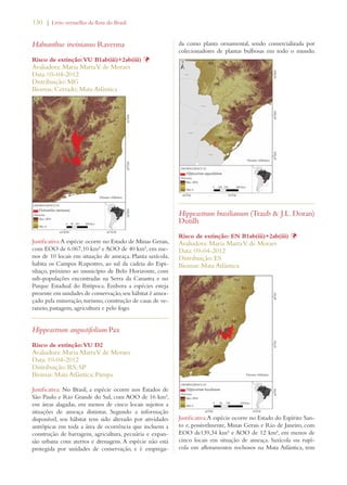 130 | Livro vermelho da flora do Brasil 
Habranthus irwinianus Ravenna 
Risco de extinção: VU B1ab(iii)+2ab(iii) Þ 
Avaliadora: Maria Marta V. de Moraes 
Data: 05-04-2012 
Distribuição: MG 
Biomas: Cerrado; Mata Atlântica 
Justificativa:A espécie ocorre no Estado de Minas Gerais, 
com EOO de 6.067,10 km² e AOO de 40 km², em me-nos 
de 10 locais em situação de ameaça. Planta saxícola, 
habita os Campos Rupestres, ao sul da cadeia do Espi-nhaço, 
próximo ao município de Belo Horizonte, com 
sub-populações encontradas na Serra da Canastra e no 
Parque Estadual do Ibitipoca. Embora a espécies esteja 
presente em unidades de conservação, seu hábitat é amea-çado 
pela mineração, turismo, construção de casas de ve-raneio, 
pastagem, agricultura e pelo fogo. 
Hippeastrum angustifolium Pax 
Risco de extinção: VU D2 
Avaliadora: Maria Marta V. de Moraes 
Data: 10-04-2012 
Distribuição: RS; SP 
Biomas: Mata Atlântica; Pampa 
Justificativa: No Brasil, a espécie ocorre nos Estados de 
São Paulo e Rio Grande do Sul, com AOO de 16 km², 
em áreas alagadas, em menos de cinco locais sujeitos a 
situações de ameaça distintas. Segundo a informação 
disponível, seu hábitat tem sido alterado por atividades 
antrópicas em toda a área de ocorrência que incluem a 
construção de barragens, agricultura, pecuária e expan-são 
urbana com aterros e drenagens. A espécie não está 
protegida por unidades de conservação, e é emprega-da 
como planta ornamental, sendo comercializada por 
colecionadores de plantas bulbosas em todo o mundo. 
Hippeastrum brasilianum (Traub  J.L. Doran) 
Dutilh 
Risco de extinção: EN B1ab(iii)+2ab(iii) Þ 
Avaliadora: Maria Marta V. de Moraes 
Data: 09-04-2012 
Distribuição: ES 
Biomas: Mata Atlântica 
Justificativa:A espécie ocorre no Estado do Espírito San-to 
e, possivelmente, Minas Gerais e Rio de Janeiro, com 
EOO de139,34 km² e AOO de 12 km², em menos de 
cinco locais em situação de ameaça. Saxícola ou rupí-cola 
em afloramentos rochosos na Mata Atlântica, tem 
 