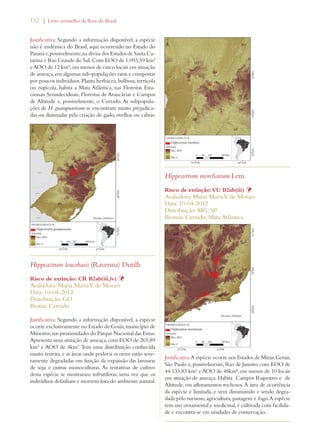 132 | Livro vermelho da flora do Brasil 
Justificativa: Segundo a informação disponível, a espécie 
não é endêmica do Brasil, aqui ocorrendo no Estado do 
Paraná e, possivelmente, na divisa dos Estados de Santa Ca-tarina 
e Rio Grande do Sul. Com EOO de 1.093,59 km² 
e AOO de 12 km², em menos de cinco locais em situação 
de ameaça, em algumas sub-populações raras e compostas 
por poucos indivíduos. Planta herbácea, bulbosa, terrícola 
ou rupícola, habita a Mata Atlântica, nas Florestas Esta-cionais 
Semideciduais, Florestas de Araucárias e Campos 
de Altitude e, possivelmente, o Cerrado. As subpopula-ções 
de H. guarapuavicum se encontram muito prejudica-das 
ou dizimadas pela criação de gado, ovelhas ou cabras. 
Hippeastrum leucobasis (Ravenna) Dutilh 
Risco de extinção: CR B2ab(iii,iv) Þ 
Avaliadora: Maria Marta V. de Moraes 
Data: 10-04-2012 
Distribuição: GO 
Bioma: Cerrado 
Justificativa: Segundo a informação disponível, a espécie 
ocorre exclusivamente no Estado de Goiás, município de 
Mineiros, nas proximidades do Parque Nacional das Emas. 
Apresenta uma situação de ameaça, com EOO de 265,89 
km² e AOO de 4km². Tem uma distribuição conhecida 
muito restrita, e as áreas onde poderia ocorrer estão seve-ramente 
degradadas em função da expansão das lavouras 
de soja e outras monoculturas. As tentativas de cultivo 
dessa espécie se mostraram infrutíferas, uma vez que os 
indivíduos definham e morrem fora do ambiente natural. 
Hippeastrum morelianum Lem. 
Risco de extinção: VU B2ab(iii) Þ 
Avaliadora: Maria Marta V. de Moraes 
Data: 10-04-2012 
Distribuição: MG; SP 
Biomas: Cerrado; Mata Atlântica 
Justificativa: A espécie ocorre nos Estados de Minas Gerais, 
São Paulo e, possivelmente, Rio de Janeiro, com EOO de 
44.133,83 km² e AOO de 48km², em menos de 10 locais 
em situação de ameaça. Habita Campos Rupestres e de 
Altitude, em afloramentos rochosos. A área de ocorrência 
da espécie é limitada, e vem diminuindo e sendo degra-dada 
pelo turismo, agricultura, pastagem e fogo. A espécie 
tem uso ornamental e medicinal, é cultivada com facilida-de 
e encontra-se em unidades de conservação. 
 