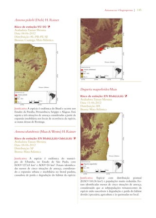 | 145 
Annona pickelii (Diels) H. Rainer 
Risco de extinção: VU D2 Þ 
Avaliadora: Tainan Messina 
Data: 08-06-2012 
Distribuição: AL; PB; PE; SE 
Biomas: Caatinga; Mata Atlântica 
Justificativa: A espécie é endêmica do Brasil e ocorre nos 
Estados da Paraíba, Pernambuco, Sergipe e Alagoas. Está 
sujeita a três situações de ameaça consideradas a partir da 
expansão imobiliária nos locais de ocorrência da espécie, 
as matas densas de Restinga. 
Annona ubatubensis (Maas  Westra) H. Rainer 
Risco de extinção: EN B1ab(i,ii,iii)+2ab(i,ii,iii) Þ 
Avaliadora: Tainan Messina 
Data: 08-06-2012 
Distribuição: SP 
Bioma: Mata Atlântica 
Justificativa: A espécie é endêmica do municí-pio 
de Ubatuba, no Estado de São Paulo, com 
EOO=137,65 km² e AOO=24 km². Foram identifica-das 
menos de cinco situações de ameaça, consideran-do 
a expansão urbana e imobiliária no litoral paulista, 
causadora de perda e degradação do hábitat da espécie. 
!NNONACEAEs!NGIOSPERMA 
Duguetia magnolioidea Maas 
Risco de extinção: EN B1ab(i,ii,iii) Þ 
Avaliadora: Tainan Messina 
Data: 11-06-2012 
Distribuição: BA 
Bioma: Mata Atlântica 
Justificativa: Espécie com distribuição pontual 
(EOO=160,36 km²) e populações muito reduzidas. Fo-ram 
identificadas menos de cinco situações de ameaça, 
considerando que as subpopulações remanescentes da 
espécie estão suscetíveis à degradação e perda do hábitat 
devido à pecuária, agricultura e às queimadas no local. 
 