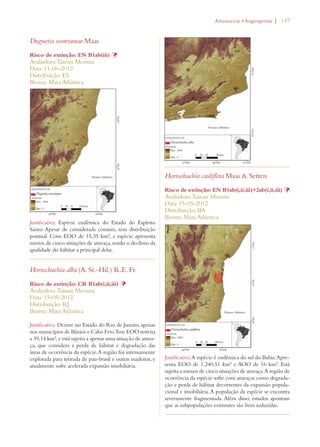 | 147 
Duguetia sooretamae Maas 
Risco de extinção: EN B1ab(iii) Þ 
Avaliadora: Tainan Messina 
Data: 11-06-2012 
Distribuição: ES 
Bioma: Mata Atlântica 
Justificativa: Espécie endêmica do Estado do Espírito 
Santo. Apesar de considerada comum, tem distribuição 
pontual. Com EOO de 15,35 km², a espécie apresenta 
menos de cinco situações de ameaça, sendo o declínio da 
qualidade do hábitat a principal delas. 
Hornschuchia alba (A. St.-Hil.) R.E. Fr. 
Risco de extinção: CR B1ab(i,ii,iii) Þ 
Avaliadora: Tainan Messina 
Data: 15-05-2012 
Distribuição: RJ 
Bioma: Mata Atlântica 
Justificativa: Ocorre no Estado do Rio de Janeiro, apenas 
nos municípios de Búzios e Cabo Frio. Tem EOO restrita 
a 39,14 km², e está sujeita a apenas uma situação de amea-ça, 
que considera a perda de hábitat e degradação das 
áreas de ocorrência da espécie. A região foi intensamente 
explorada para retirada de pau-brasil e outras madeiras, e 
atualmente sofre acelerada expansão imobiliária. 
!NNONACEAEs!NGIOSPERMA 
Hornschuchia cauliflora Maas  Setten 
Risco de extinção: EN B1ab(i,ii,iii)+2ab(i,ii,iii) Þ 
Avaliadora: Tainan Messina 
Data: 15-05-2012 
Distribuição: BA 
Bioma: Mata Atlântica 
Justificativa: A espécie é endêmica do sul do Bahia. Apre-senta 
EOO de 1.240,51 km² e AOO de 16 km². Está 
sujeita a menos de cinco situações de ameaça. A região de 
ocorrência da espécie sofre com ameaças como degrada-ção 
e perda de hábitat decorrentes da expansão popula-cional 
e imobiliária. A população da espécie se encontra 
severamente fragmentada. Além disso, estudos apontam 
que as subpopulações existentes são bem reduzidas. 
 