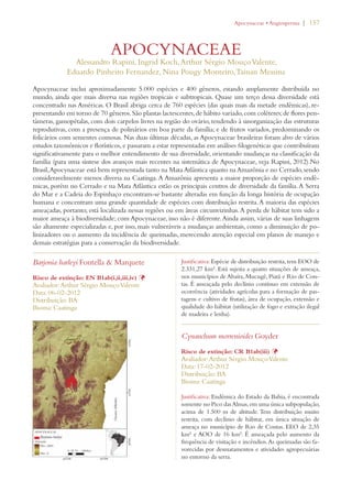 | 157 
APOCYNACEAE 
Alessandro Rapini, Ingrid Koch, Arthur Sérgio Mouço Valente, 
Eduardo Pinheiro Fernandez, Nina Pougy Monteiro, Tainan Messina 
Apocynaceae inclui aproximadamente 5.000 espécies e 400 gêneros, estando amplamente distribuída no 
mundo, ainda que mais diversa nas regiões tropicais e subtropicais. Quase um terço dessa diversidade está 
concentrado nas Américas. O Brasil abriga cerca de 760 espécies (das quais mais da metade endêmicas), re-presentando 
em torno de 70 gêneros. São plantas lactescentes, de hábito variado, com coléteres; de flores pen-tâmeras, 
gamopétalas, com dois carpelos livres na região do ovário, tendendo à sinorganização das estruturas 
reprodutivas, com a presença de polinários em boa parte da família; e de frutos variados, predominando os 
folicários com sementes comosas. Nas duas últimas décadas, as Apocynaceae brasileiras foram alvo de vários 
estudos taxonômicos e florísticos, e passaram a estar representadas em análises filogenéticas que contribuíram 
significativamente para o melhor entendimento de sua diversidade, orientando mudanças na classificação da 
família (para uma síntese dos avanços mais recentes na sistemática de Apocynaceae, veja Rapini, 2012).No 
Brasil, Apocynaceae está bem representada tanto na Mata Atlântica quanto na Amazônia e no Cerrado, sendo 
consideravelmente menos diversa na Caatinga. A Amazônia apresenta a maior proporção de espécies endê-micas, 
porém no Cerrado e na Mata Atlântica estão os principais centros de diversidade da família. A Serra 
do Mar e a Cadeia do Espinhaço encontram-se bastante alteradas em função da longa história de ocupação 
humana e concentram uma grande quantidade de espécies com distribuição restrita. A maioria das espécies 
ameaçadas, portanto, está localizada nessas regiões ou em áreas circunvizinhas. A perda de hábitat tem sido a 
maior ameaça à biodiversidade; com Apocynaceae, isso não é diferente. Ainda assim, várias de suas linhagens 
são altamente especializadas e, por isso, mais vulneráveis a mudanças ambientais, como a diminuição de po-linizadores 
ou o aumento da incidência de queimadas, merecendo atenção especial em planos de manejo e 
demais estratégias para a conservação da biodiversidade. 
Barjonia harleyi Fontella  Marquete 
Risco de extinção: EN B1ab(i,ii,iii,iv) Þ 
Avaliador: Arthur Sérgio Mouço Valente 
Data: 06-02-2012 
Distribuição: BA 
Bioma: Caatinga 
Justificativa: Espécie de distribuição restrita, tem EOO de 
2.331,27 km². Está sujeita a quatro situações de ameaça, 
nos municípios de Abaíra, Mucugê, Piatã e Rio de Con-tas. 
É ameaçada pelo declínio contínuo em extensão de 
ocorrência (atividades agrícolas para a formação de pas-tagens 
e cultivo de frutas), área de ocupação, extensão e 
qualidade do hábitat (utilização de fogo e extração ilegal 
de madeira e lenha). 
Cynanchum morrenioides Goyder 
Risco de extinção: CR B1ab(iii) Þ 
Avaliador: Arthur Sérgio Mouço Valente 
Data: 17-02-2012 
Distribuição: BA 
Bioma: Caatinga 
Justificativa: Endêmica do Estado da Bahia, é encontrada 
somente no Pico das Almas, em uma única subpopulação, 
acima de 1.500 m de altitude. Tem distribuição muito 
restrita, com declínio de hábitat, em única situação de 
ameaça no município de Rio de Contas. EEO de 2,35 
km² e AOO de 16 km². É ameaçada pelo aumento da 
frequência de visitação e incêndios. As queimadas são fa-vorecidas 
por desmatamentos e atividades agropecuárias 
no entorno da serra. 
!POCYNACEAEs!NGIOSPERMA 
 