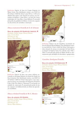 | 161 
Justificativa: Espécie de liana de Campo Rupestre de 
Minas Gerais. Tem distribuição restrita, com EOO de 
841,45 km² e AOO de 36 km², entre 900 m e 1.500 m de 
altitude. Está sujeita a três situações de ameaça, nos mu-nicípios 
de Itabirito e Ouro Preto e na Serra do Caraça 
(municípios de Catas Altas e Santa Bárbara). É ameaçada 
pela perda da qualidade do hábitat e da área de ocupação 
em decorrência de incêndios e mineração. 
Ditassa maricaensis Fontella  E. A. Schwarz 
Risco de extinção: EN B1ab(ii,iii)+2ab(ii,iii) Þ 
Avaliador: Arthur Sérgio Mouço Valente 
Data: 16-02-2012 
Distribuição: RJ 
Bioma: Mata Atlântica 
Justificativa: Espécie de liana com ramos volúveis, en-contrada 
na Restinga Arbustiva do litoral do Estado do 
Rio de Janeiro. Tem distribuição restrita, com EOO de 
977,48 km² e AOO de 44 km². Está sujeita a cinco situa-ções 
de ameaça, nos municípios de Saquarema, Arraial do 
Cabo, Cabo Frio, Maricá e Araruama. É encontrada em 
unidade de conservação. É ameaçada pela perda da área 
de ocupação e de hábitat devido aos efeitos da especula-ção 
imobiliária. 
Ditassa oberdanii Fontella  M. C. Alvarez 
Risco de extinção: EN B2ab(iii) 
Avaliador: Arthur Sérgio Mouço Valente 
Data: 16-02-2012 
Distribuição: ES 
Bioma: Mata Atlântica 
!POCYNACEAEs!NGIOSPERMA 
Justificativa: Espécie rara de trepadeira, encontrada em 
áreas de Floresta Pluvial Atlântica. Tem distribuição restri-ta, 
com EOO de 74 km² e AOO de 24 km². Está sujeita a 
única situação de ameaça, no município de Santa Teresa, 
no Estado do Espírito Santo. Foi coletada entre 1984 e 
2002. É ameaçada pela perda de hábitat devido ao des-matamento 
para atividades de silvicultura e agropecuária. 
Gonolobus dorothyanus Fontella 
Risco de extinção: CR B2ab(i,ii,iii) Þ 
Avaliador: Arthur Sérgio Mouço Valente 
Data: 16-02-2012 
Distribuição: RJ 
Bioma: Mata Atlântica 
 