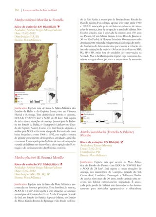 166 | Livro vermelho da flora do Brasil 
Matelea bahiensis Morillo  Fontella 
Risco de extinção: EN B2ab(ii,iii) Þ 
Avaliador: Arthur Sérgio Mouço Valente 
Data: 17-02-2012 
Distribuição: BA; ES 
Bioma: Mata Atlântica 
Justificativa: Espécie rara de liana da Mata Atlântica dos 
Estados da Bahia e do Espírito Santo, vive em Floresta 
Pluvial e Restinga. Tem distribuição restrita e disjunta, 
EOO de 17.299,70 km² e AOO de 28 km². Está sujeita 
de três a cinco situações de ameaça (município de Itabu-na 
no Estado da Bahia, e Guarapari e Linhares no Esta-do 
do Espírito Santo). Como tem distribuição disjunta, a 
análise por AOO se faz mais adequada. Foi coletada com 
baixa frequência entre 1968 a 1992, em região costeira 
de grande crescimento demográfico, atividades agrícolas 
e turismo. É ameaçada pelo declínio de área de ocupação 
e perda de hábitat em decorrência da ocupação das Res-tingas 
e do desmatamento das florestas costeiras. 
Matelea glaziovii (E. Fourn.) Morillo 
Risco de extinção: VU B2ab(ii,iii,iv) Þ 
Avaliador: Arthur Sérgio Mouço Valente 
Data: 17-02-2012 
Distribuição: MG; PR; RJ; SP 
Bioma: Mata Atlântica 
Justificativa: Espécie rara de liana da Mata Atlântica, en-contrada 
em florestas primárias. Tem distribuição restrita, 
AOO de 44 km². Está sujeita a sete situações de ameaça: 
municípios de Guaratuba, Cerro Azul e Campina Grande 
do Sul, no Estado do Paraná; Sapucaí-Mirim, no Estado 
de Minas Gerais; Fontes do Ipiranga e São Paulo no Esta-do 
de São Paulo; e município de Petrópolis no Estado do 
Rio de Janeiro. Foi coletada apenas sete vezes entre 1950 
e 1981. É ameaçada pelo declínio no número de situa-ções 
de ameaça, área de ocupação e perda de hábitat. Nos 
Estados citados, não é coletada há muitos anos (50 anos 
no Paraná, 62 em Minas Gerais, 44 no Rio de Janeiro e 
30 em São Paulo). A Floresta Primária Montana tem sido 
drasticamente reduzida e fragmentada ao longo do perío-do 
histórico de desmatamento, que causou a redução da 
área de ocupação da espécie. Os locais de coleta em MG, 
RJ, SP e PR estão fora de unidades de conservação, na 
Serra do Mar e da Mantiqueira, regiões cuja economia ba-seia- 
se na agricultura, pecuária e no turismo de veraneio. 
Matelea hatschbachii (Fontella  Valente) 
Morillo 
Risco de extinção: EN B2ab(iii) Þ 
Avaliadora: Tainan Messina 
Data: 17-02-2012 
Distribuição: PR 
Bioma: Mata Atlântica 
Justificativa: Espécie rara que ocorre na Mata Atlân-tica 
do Estado do Paraná com EOO de 5.849,81 km² 
e AOO de 24 km². Está sujeita a cinco situações de 
ameaça, nos municípios de Campina Grande do Sul, 
Cerro Azul, Londrina, Paranaguá e Telêmaco Borba. 
As coletas têm mais de 30 anos, sendo apenas uma re-cente, 
em hábitat extremamente impactado. É amea-çada 
pela perda de hábitat em decorrência do desma-tamento 
para atividades agropecuárias e silvicultura. 
 