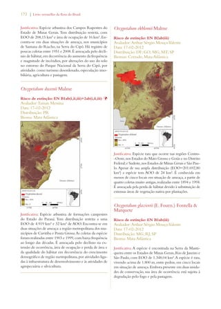 172 | Livro vermelho da flora do Brasil 
Justificativa: Espécie arbustiva dos Campos Rupestres do 
Estado de Minas Gerais. Tem distribuição restrita, com 
EOO de 208,15 km² e área de ocupação de 16 km². En-contra- 
se em duas situações de ameaça, nos municípios 
de Santana do Riacho, na Serra do Cipó. Há registro de 
poucas coletas entre 1951 e 2008. É ameaçada pelo declí-nio 
de hábitat, em decorrência do aumento da frequência 
e magnitude de incêndios, por alterações do uso do solo 
no entorno do Parque Nacional da Serra do Cipó, por 
atividades como turismo desordenado, especulação imo-biliária, 
agricultura e pastagem. 
Oxypetalum dusenii Malme 
Risco de extinção: EN B1ab(i,ii,iii)+2ab(i,ii,iii) Þ 
Avaliador: Tainan Messina 
Data: 17-02-2012 
Distribuição: PR 
Bioma: Mata Atlântica 
Justificativa: Espécie arbustiva de formações campestres 
do Estado do Paraná. Tem distribuição restrita a uma 
EOO de 4.919 km² e 32 km² de AOO. Encontra-se em 
duas situações de ameaça: a região metropolitana dos mu-nicípios 
de Curitiba e Ponta Grossa. As coletas da espécie 
foram realizadas entre 1903 e 1999, com baixa frequência 
ao longo das décadas. É ameaçada pelo declínio na ex-tensão 
de ocorrência, área de ocupação e perda de área e 
da qualidade do hábitat em decorrência do crescimento 
demográfico de região metropolitana, por atividades liga-das 
à infraestrutura de desenvolvimento e às atividades de 
agropecuária e silvicultura. 
Oxypetalum ekblomii Malme 
Risco de extinção: EN B2ab(iii) 
Avaliador: Arthur Sérgio Mouço Valente 
Data: 17-02-2012 
Distribuição: DF; GO; MG; MT; SP 
Biomas: Cerrado; Mata Atlântica 
Justificativa: Espécie rara que ocorre nas regiões Centro- 
-Oeste, nos Estados do Mato Grosso e Goiás e no Distrito 
Federal; e Sudeste, nos Estados de Minas Gerais e São Pau-lo. 
Apesar de sua ampla distribuição (EOO=201.692,80 
km²) a espécie tem AOO de 24 km². É conhecida em 
menos de cinco locais em situação de ameaça, a partir de 
quatro coletas muito antigas, realizadas entre 1894 e 1994. 
É ameaçada pela perda de hábitat devido à substituição de 
extensas áreas de vegetação nativa por plantações. 
Oxypetalum glaziovii (E. Fourn.) Fontella  
Marquete 
Risco de extinção: EN B1ab(iii) 
Avaliador: Arthur Sérgio Mouço Valente 
Data: 17-02-2012 
Distribuição: MG; RJ; SP 
Bioma: Mata Atlântica 
Justificativa: A espécie é encontrada na Serra da Manti-queira 
entre os Estados de Minas Gerais, Rio de Janeiro e 
São Paulo, com EOO de 1.348,04 km². A espécie é rara, 
vivendo acima de 1.800 m, entre pedras, em cinco locais 
em situação de ameaça. Embora presente em duas unida-des 
de conservação, sua área de ocorrência está sujeita à 
degradação pelo fogo e pela pastagem. 
 