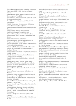 Livro vermelho da flora do Brasil | 17 
Priscila Oliveira, Universidade Federal de Uberlândia 
Ralph James Hickey, Field Museum of Natural 
History 
Rafael Augusto Xavier Borges, Centro Nacional de 
Conservação da Flora/JBRJ 
Rafael Barbosa Pinto, Universidade Federal do Estado 
do Rio de Janeiro, Unirio 
Rafael Batista Louzada, Universidade Federal de 
Pernambuco 
Rafaela Campostrini Forzza, Instituto de Pesquisa 
Jardim Botânico do Rio de Janeiro 
Raquel Fernandes Monteiro, Jardim Botânico do Rio 
de Janeiro 
Raúl Gutiérrez, Arizona State University 
Raul Pozner, Brigham Young University 
Raymond Harley, Royal Botanic Gardens, Kew 
Regina Helena Potsch Andreata, Universidade Santa 
Úrsula 
Regina Hira, Instituto de Botânica 
Renata Jimenez de Almeida-Scabbia, Centro de 
Pesquisa em Plantas Vasculares/SP 
Renato de Giovanni, Escola Superior de Conservação 
Ambiental e Sustentabilidade 
Renato de Mello-Silva, Universidade de São Paulo 
Renato Lorza, Fundação para a Conservação e a 
Produção Florestal 
Reyjane Patricia de Oliveira, Universidade Estadual de 
Feira de Santana 
Ricardo Avancini Fernandes, Centro Nacional de 
Conservação da Flora/JBRJ 
Ricardo Souza Couto, Jardim Botânico do Rio de 
Janeiro 
Ricardo Secco, Museu Paraense Emilio Goeldi 
Rita Baltazar Lima, Universidade Federal da Paraíba 
Roberta Liz Oliveira Hering, Centro Nacional de 
Conservação da Flora/JBRJ 
Roberto Esteves, Universidade do Estado do Rio de 
Janeiro 
Roberto Manuel Salas, Instituto de Botánica del 
Nordeste 
Rodrigo de Góes Pires Batista, Centro Nacional de 
Conservação da Flora/JBRJ 
Rodrigo Duno De Stefano, Centro de Investigación 
Cinetífica de Yucatán 
Ronaldo Marquete, Instituto Brasileiro de Geografia e 
Estatística – IBGE/JBRJ 
Rosana Conrado Lopes, Universidade Federal do Rio 
de Janeiro 
Rosangela Simão Bianchini, Instituto de Botânica 
Roseli B. Torres, Instituto Agronômico de Campinas 
Roxana Cardoso Barreto, Universidade Federal de 
Pernambuco 
Rubens T. de Queiroz, Universidade Estadual de 
Campinas 
Samyra Gomes Furtado, Universidade Federal de Juiz 
de Fora 
Sergio Romaniuc Neto, Instituto de Botânica de São 
Paulo 
Sheila Regina Profice, Jardim Botânico do Rio de 
Janeiro 
Silvana da Costa Ferreira, Universidade Estadual de 
Feira de Santana 
Silvana Aparecida Pires de Godoy, Universidade de São 
Paulo 
Silvana Cardoso do Espírito Santo, Centro Nacional 
de Conservação da Flora/JBRJ 
Silvia T.S. Miotto, Universidade Federal do Rio 
Grande do Sul 
Solange de Vasconcellos Albuquerque Pessoa, 
Instituto de Pesquisa Jardim Botânico do Rio de 
Janeiro 
Sonia Marisa Hefler, Universidade Federal do Rio 
Grande 
Taciana Barbosa Cavalcanti, Empresa Brasileira de 
Pesquisa Agropecuária, Embrapa/Cenargen 
Tainan Messina, Centro Nacional de Conservação da 
Flora/JBRJ 
Tania Regina dos Santos Silva, Universidade Estadual 
de Feira de Santana 
Tânia Wendt, Universidade Federal do Rio de Janeiro 
Tarciso Filgueiras, Universidade Estadual de Campinas 
Thalis Pereira Lima, Centro Nacional de Conservação 
da Flora/JBRJ 
Thiago Serrano de Almeida Penedo, Centro Nacional 
de Conservação da Flora/JBRJ 
Valquiria F. Dutra, Universidade Federal de Viçosa 
Vera Lúcia Gomes Klein, Universidade Federal de 
Goiás 
Vidal de Freitas Mansano, Instituto de Pesquisas Jardim 
Botânico do Rio de Janeiro 
Vinícius Antonio de Oliveira Dittrich, Universidade 
Estadual do Sudoeste da Bahia 
Vinícius Castro e Souza, Universidade de São Paulo - 
Esalq 
Vitor Fernandes Oliveira de Miranda, Universidade 
Estadual Paulista – Jaboticabal 
Viviane Renata Scalon, Universidade Federal de Ouro 
Preto 
Volker Bittrich, Universidade Estadual de Campinas 
Wayt Thomas, New York Botanical Garden 
William Rodrigues, Universidade Federal do Paraná 
 