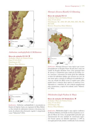 | 179 
Anthurium xanthophylloides G.M.Barroso 
Risco de extinção: VU D2 Þ 
Avaliador: Maria de Fátima Freitas 
Data: 07-03-2012 
Distribuição: ES 
Biomas: Mata Atlântica 
Justificativa: Anthurium xanthophylloides é encontrada no 
Estado do Espírito Santo, em vegetação de Mata Atlânti-ca. 
Em virtude do endemismo extremo e da ameaça imi-nente 
da redução dessa formação vegetal, é categorizada 
como “Vulnerável” (VU). 
!RACEAEs!NGIOSPERMA 
Heteropsis flexuosa (Kunth) G.S.Bunting 
Risco de extinção: VU C1 
Avaliador: Maria de Fátima Freitas 
Data: 07-03-2012 
Distribuição: AC; AM; AP; BA; MA; MT; PA; PE; 
RO; RR 
Biomas: Amazônia, Mata Atlântica 
Justificativa: Heteropsis flexuosa é uma espécie que ocorre 
principalmente na Região Norte do país, bem como em 
estados da Região Nordeste. Tem como principal fator 
de ameaça o extrativismo para confecção de bolsas, ces-tos, 
vassouras e artesanatos de modo geral. São utilizadas 
as raízes de indivíduos adultos, que morrem em cerca de 
sete meses após a extração. A utilização de indivíduos jo-vens 
em virtude do difícil acesso às regiões para coleta 
poderá levar à extinção dessa espécie na natureza. Con-siderando- 
se a estimativa de uma redução populacional 
pelo extrativismo, a espécie foi avaliada como “Vulnerá-vel” 
(VU). 
Philodendron fragile Nadruz  Mayo 
Risco de extinção: EN B1ab(i,iii,iv) Þ 
Avaliador: Maria de Fátima Freitas 
Data: 07-03-2012 
Distribuição: RJ 
Bioma: Mata Atlântica 
Justificativa: Philodendron fragile é uma espécie endêmica 
da Floresta Atlântica do Estado do Rio de Janeiro, na re-gião 
de Macaé de Cima, em propriedade particular que 
anteriormente foi uma unidade de conservação regio-nal. 
Ocorre apenas em altitudes superiores a 1.000 m, 
em região preservada, úmida e sombreada. Com extensão 
 