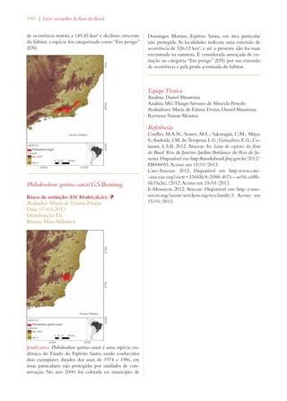 180 | Livro vermelho da flora do Brasil 
de ocorrência restrita a 149,45 km² e declínio crescente 
do hábitat, a espécie foi categorizada como “Em perigo” 
(EN). 
Philodendron spiritus-sancti G.S.Bunting 
Risco de extinção: EN B1ab(i,iii,iv) Þ 
Avaliador: Maria de Fátima Freitas 
Data: 07-03-2012 
Distribuição: ES 
Bioma: Mata Atlântica 
Justificativa: Philodendron spiritus-sancti é uma espécie en-dêmica 
do Estado do Espírito Santo, sendo conhecidos 
dois exemplares datados dos anos de 1974 e 1986, em 
áreas particulares não protegidas por unidades de con-servação. 
No ano 2000, foi coletada no município de 
Domingos Martins, Espírito Santo, em área particular 
não protegida. As localidades indicam uma extensão de 
ocorrência de 526,12 km², e até o presente não foi mais 
encontrada na natureza. É considerada ameaçada de ex-tinção 
na categoria “Em perigo” (EN) por sua extensão 
de ocorrência e pela perda acentuada do hábitat. 
Equipe Técnica 
Analista: Daniel Maurenza 
Analista SIG: Thiago Serrano de Almeida Penedo 
Avaliadores: Maria de Fátima Freitas, Daniel Maurenza 
Revisora: Tainan Messina 
Referências 
Coelho, M.A.N.; Soares, M.L.; Sakuragui, C.M.; Mayo, 
S.; Andrade, I.M. de; Temponi, L.G.; Gonçalves, E.G.; Ca-lazans, 
L.S.B. 2012. Araceae. In: Lista de espécies da flora 
do Brasil. Rio de Janeiro: Jardim Botânico do Rio de Ja-neiro. 
Disponível em http:floradobrasil.jbrj.gov.br/2012/ 
FB000051. Acesso em 15/01/2013. 
Cate-Araceae. 2012. Disponível em http:www.cate- 
-araceae.org?view=336fdfc8-2088-407e--ae04-a48b- 
6b33a3ec./2012. Acesso em 15/01/2013. 
E-Monocot. 2012. Araceae: Disponível em: http: e-mo-nocot. 
org/taxon/urn:kew.org:wcs:family:3. Acesso em 
15/01/2013. 
 
