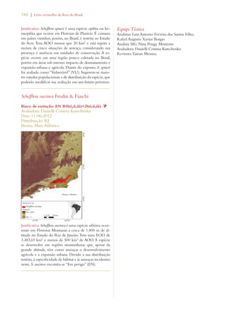 184 | Livro vermelho da flora do Brasil 
Justificativa: Schefflera sprucei é uma espécie epífita ou he-miepífita 
que ocorre em Florestas de Planície. É comum 
em países vizinhos, porém, no Brasil, é restrita ao Estado 
do Acre. Tem AOO menor que 20 km² e está sujeita a 
menos de cinco situações de ameaça, considerando sua 
presença e ausência em unidades de conservação. A es-pécie 
ocorre em uma região pouco coletada no Brasil, 
porém em áreas sob intenso impacto de desmatamento e 
expansão urbana e agrícola. Diante do exposto, S. sprucei 
foi avaliada como “Vulnerável” (VU). Sugerem-se maio-res 
estudos populacionais e de distribuição da espécie, que 
poderão modificar sua avaliação em um futuro próximo. 
Schefflera succinea Frodin  Fiaschi 
Risco de extinção: EN B1b(i,ii,iii)+2b(i,ii,iii) Þ 
Avaliadora: Danielli Cristina Kutschenko 
Data: 11-06-2012 
Distribuição: RJ 
Bioma: Mata Atlântica 
Justificativa: Schefflera succinea é uma espécie arbórea ocor-rente 
em Florestas Montanas a cerca de 1.800 m de al-titude 
no Estado do Rio de Janeiro. Tem uma EOO de 
3.483,69 km² e menos de 500 km² de AOO. A espécie 
se desenvolve em regiões montanhosas que, apesar da 
grande altitude, têm como ameaças o desenvolvimento 
agrícola e a expansão urbana. Devido a sua distribuição 
restrita, à especificidade de hábitat e às ameaças incidentes 
neste, S. succinea encontra-se “Em perigo” (EN). 
Equipe Técnica 
Analistas: Luiz Antonio Ferreira dos Santos Filho, 
Rafael Augusto Xavier Borges 
Analista SIG: Nina Pougy Monteiro 
Avaliadora: Danielli Cristina Kutschenko 
Revisora: Tainan Messina 
 