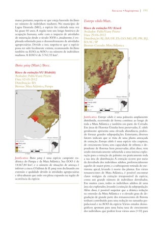 | 191 
mano; portanto, suspeita-se que esteja havendo declínio 
no número de indivíduos maduros. No município de 
Lagoa Dourada (MG), a espécie foi coletada uma vez 
há quase 60 anos. A região tem um longo histórico de 
ocupação humana, sofre com o impacto de atividades 
de mineração desde o século XVII e, atualmente, é ex-plorada 
sobretudo para o desenvolvimento de atividades 
agropecuárias. Devido a isso, suspeita-se que a espécie 
possa ter sido localmente extinta, ocasionando declínio 
também na EOO, na AOO e no número de indivíduos 
maduros. A EOO é de 3.761,93 km². 
Butia yatay (Mart.) Becc. 
Risco de extinção: VU B1ab(iii) 
Avaliador: Pablo Viany Prieto 
Data: 02-05-2012 
Distribuição: RS 
Biomas: Mata Atlântica, Pampa 
Justificativa: Butia yatay é uma espécie campestre en-dêmica 
do Pampa e da Mata Atlântica. Sua EOO é de 
14.667,84 km², e o número de situações de ameaça é 
inferior a cinco. O hábitat de B. yatay vem declinando em 
extensão e qualidade devido às atividades agropecuárias 
e silviculturais que estão em plena expansão na região de 
ocorrência da espécie. 
Euterpe edulis Mart. 
!RECACEAEs!NGIOSPERMA 
Risco de extinção: VU A1acd 
Avaliador: Pablo Viany Prieto 
Data: 29-06-2012 
Distribuição: AL; BA; DF; ES; GO; MG; PE; PR; RJ; 
RS; SC; SP 
Biomas: Cerrado; Mata Atlântica 
Justificativa: Euterpe edulis é uma palmeira amplamente 
distribuída, ocorrendo de forma contínua ao longo de 
toda a Mata Atlântica e também em parte do Cerrado. 
Em áreas de Florestas Úmidas bem preservadas, E. edulis 
geralmente apresenta uma elevada abundância, poden-do 
formar grandes subpopulações. Entretanto, diversos 
fatores indicam que se trata de uma planta ameaçada 
de extinção. Euterpe edulis é uma espécie não cespitosa, 
de crescimento lento, sem capacidade de rebrota e de-pendente 
de florestas bem preservadas; além disso, vem 
sendo sistematicamente submetida a uma intensa explo-ração 
para a extração do palmito em praticamente toda 
a sua área de distribuição. A extração ocorre por meio 
da derrubada dos indivíduos adultos, preferencialmente 
aqueles de maior porte, e a subsequente retirada do me-ristema 
apical, levando à morte das plantas. Em vários 
remanescentes de Mata Atlântica, é possível encontrar 
claros vestígios da extração irresponsável da espécie, 
como um grande número de indivíduos derrubados. 
Em muitos casos, todos os indivíduos adultos de uma 
área são explorados, levando à extinção da subpopulação. 
Além disso, é possível suspeitar que a drástica redução 
na extensão da Mata Atlântica e o elevado grau de de-gradação 
de grande parte dos remanescentes de floresta 
tenham contribuído para uma redução no tamanho po-pulacional 
e na AOO da espécie. Vários estudos demo-gráficos 
apontam para uma baixa taxa de crescimento 
dos indivíduos, que podem levar vários anos (10) para 
 