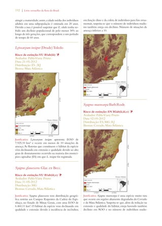 192 | Livro vermelho da flora do Brasil 
atingir a maturidade; assim, a idade média dos indivíduos 
adultos em uma subpopulação é estimada em 20 anos. 
Devido a isso, é possível suspeitar que E. edulis tenha so-frido 
um declínio populacional de pelo menos 30% ao 
longo de três gerações, que correspondem a um período 
de tempo de 60 anos. 
Lytocaryum insigne (Drude) Toledo 
Risco de extinção: VU B1ab(iii) Þ 
Avaliador: Pablo Viany Prieto 
Data: 21-05-2012 
Distribuição: ES ; RJ 
Bioma: Mata Atlântica 
Justificativa: Lytocaryum insigne apresenta EOO de 
7.925,10 km² e ocorre em menos de 10 situações de 
ameaça. As florestas que constituem o hábitat da espécie 
vêm declinando em extensão e qualidade devido ao alto 
grau de desmatamento ocorrido na maioria dos municí-pios 
capixabas (ES) em que L. insigne foi registrada. 
Syagrus glaucescens Glaz. ex Becc. 
Risco de extinção: VU B1ab(iii,v) Þ 
Avaliador: Pablo Viany Prieto 
Data: 31-05-2012 
Distribuição: MG 
Biomas: Cerrado, Mata Atlântica 
Justificativa: Syagrus glaucescens tem distribuição geográ-fica 
restrita aos Campos Rupestres da Cadeia do Espi-nhaço, 
no Estado de Minas Gerais, com uma EOO de 
6.460,11 km². O hábitat da espécie vem declinando em 
qualidade e extensão devido à incidência de incêndios; 
em função disso e da coleta de indivíduos para fins orna-mentais, 
suspeita-se que o número de indivíduos madu-ros 
também esteja em declínio. Número de situações de 
ameaça inferior a 10. 
Syagrus macrocarpa Barb.Rodr. 
Risco de extinção: EN B2ab(ii,iii,v) Þ 
Avaliador: Pablo Viany Prieto 
Data: 02-05-2012 
Distribuição: ES; MG; RJ 
Biomas: Cerrado, Mata Atlântica 
Justificativa: Syagrus macrocarpa é uma espécie muito rara 
que ocorre em regiões altamente degradadas do Cerrado 
e da Mata Atlântica. Suspeita-se que, além da redução na 
extensão e qualidade do hábitat, esteja havendo também 
declínio em AOO e no número de indivíduos madu- 
 