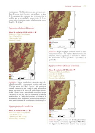 | 193 
ros da espécie. Não há registros de que ocorra em uni-dades 
de conservação. Devido a sua raridade e ao grau 
de desmatamento dos locais em que ocorre, suspeita-se 
também que as subpopulações remanescentes de S. ma-crocarpa 
sejam pequenas e estejam isoladas uma das outras. 
A AOO é de 52 km². 
Syagrus mendanhensis Glassman 
Risco de extinção: CR B1ab(iii,v) Þ 
Avaliador: Pablo Viany Prieto 
Data: 02-05-2012 
Distribuição: MG 
Bioma: Cerrado 
Justificativa: Syagrus mendanhensis apresenta uma dis-tribuição 
geográfica extremamente restrita, tendo uma 
EOO de apenas 36,15 km². Devido à sua ocorrência 
pontual, considera-se que a espécie esteja submetida a 
apenas uma situação de ameaça. É possível suspeitar que, 
devido a fatores como a agropecuária, a expansão urbana 
e a mineração, que são ameaças comumente verificadas 
no Cerrado e na Cadeia do Espinhaço, o hábitat de S. 
mendanhensis venha declinando em extensão e qualidade, 
assim como o número de indivíduos maduros da espécie. 
Syagrus picrophylla Barb.Rodr. 
Risco de extinção: VU D2 Þ 
Avaliador: Pablo Viany Prieto 
Data: 10-05-2012 
Distribuição: BA; ES; RJ 
Bioma: Mata Atlântica 
!RECACEAEs!NGIOSPERMA 
Justificativa: Syagrus picrophylla ocorre em menos de cinco 
situações de ameaça e está sujeita a algumas ameaças em 
potencial, como a degradação do ambiente do entorno 
dos afloramentos rochosos que habita e a incidência de 
queimadas. 
Syagrus ruschiana (Bondar) Glassman 
Risco de extinção: VU B1ab(iii) Þ 
Avaliador: Pablo Viany Prieto 
Data: 10-05-2012 
Distribuição: ES; MG 
Bioma: Mata Atlântica 
Justificativa: Syagrus ruschiana tem distribuição restrita e 
ocorre em áreas severamente degradadas da Mata Atlân-tica. 
Apesar dos afloramentos rochoso onde a espécie 
 