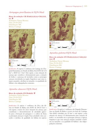 | 205 
Acritopappus pintoi Bautista  D.J.N. Hind 
Risco de extinção: CR B1ab(i,ii,iii,iv)+2b(i,ii,iii, 
iv) Þ 
Avaliadora: Tainan Messina 
Data: 25-04-2012 
Distribuição: BA 
Bioma: Caatinga 
Justificativa: A espécie é endêmica da Caatinga da Cha-pada 
Diamantina, no Estado da Bahia. Tem EOO de 0,14 
km² e AOO de 4 km². Está sujeita a uma situação de 
ameaça que considera o desmatamento para a extração 
de lenha e a presença de incêndios como as principais 
ameaças encontradas na região. Suspeita-se que estas es-tejam 
causando o declínio no tamanho e na qualidade do 
hábitat e das subpopulações existentes. 
Agrianthus almasensis D.J.N. Hind 
Risco de extinção: EN B1ab(iii) Þ 
Avaliadora: Tainan Messina 
Data: 25-04-2012 
Distribuição: BA 
Bioma: Caatinga 
Justificativa: A espécie é endêmica do Pico das Al-mas 
no Estado da Bahia, tem EOO de 260,21 km² e 
está sujeita a menos de cinco situações de ameaça, que 
consideram o desenvolvimento de atividades agríco-las 
para a formação de pastagens e o cultivo de frutas 
as principais ameaças à região. Essas atividades vêm cau-sando 
o declínio da qualidade do hábitat da espécie. 
Agrianthus giuliettiae D.J.N. Hind 
Risco de extinção: EN B1ab(i,ii,iii,iv)+2ab(i,ii,ii 
i,iv) Þ 
Avaliadora: Tainan Messina 
Data: 25-04-2012 
Distribuição: BA 
Bioma: Caatinga 
Justificativa: A espécie é endêmica da Chapada Diaman-tina, 
no Estado da Bahia e ocorre em áreas de Caatinga. 
Tem AOO calculado em 32 km² e está sujeita a uma 
situação de ameaça. O desmatamento para extração de 
lenha e os incêndios são as principais ameaças à espécie. 
Suspeita-se que essas ameaças estejam causando o declí-nio 
no tamanho e na qualidade do hábitat e das subpo-pulações 
existentes. 
!STERACEAEs!NGIOSPERMA 
 