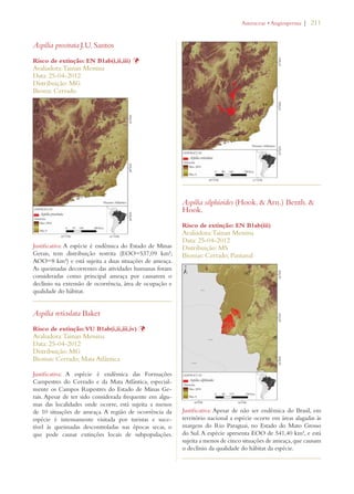 | 211 
Aspilia prostrata J.U. Santos 
Risco de extinção: EN B1ab(i,ii,iii) Þ 
Avaliadora: Tainan Messina 
Data: 25-04-2012 
Distribuição: MG 
Bioma: Cerrado 
Justificativa: A espécie é endêmica do Estado de Minas 
Gerais, tem distribuição restrita (EOO=537,09 km²; 
AOO=8 km²) e está sujeita a duas situações de ameaça. 
As queimadas decorrentes das atividades humanas foram 
consideradas como principal ameaça por causarem o 
declínio na extensão de ocorrência, área de ocupação e 
qualidade do hábitat. 
Aspilia reticulata Baker 
Risco de extinção: VU B1ab(i,ii,iii,iv) Þ 
Avaliadora: Tainan Messina 
Data: 25-04-2012 
Distribuição: MG 
Biomas: Cerrado; Mata Atlântica 
Justificativa: A espécie é endêmica das Formações 
Campestres do Cerrado e da Mata Atlântica, especial-mente 
os Campos Rupestres do Estado de Minas Ge-rais. 
Apesar de ter sido considerada frequente em algu-mas 
das localidades onde ocorre, está sujeita a menos 
de 10 situações de ameaça. A região de ocorrência da 
espécie é intensamente visitada por turistas e suce-tível 
às queimadas descontroladas nas épocas secas, o 
que pode causar extinções locais de subpopulações. 
!STERACEAEs!NGIOSPERMA 
Aspilia silphioides (Hook.  Arn.) Benth.  
Hook. 
Risco de extinção: EN B1ab(iii) 
Avaliadora: Tainan Messina 
Data: 25-04-2012 
Distribuição: MS 
Biomas: Cerrado; Pantanal 
Justificativa: Apesar de não ser endêmica do Brasil, em 
território nacional a espécie ocorre em áreas alagadas às 
margens do Rio Paraguai, no Estado do Mato Grosso 
do Sul. A espécie apresenta EOO de 541,40 km², e está 
sujeita a menos de cinco situações de ameaça, que causam 
o declínio da qualidade do hábitat da espécie. 
 
