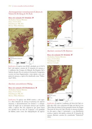 212 | Livro vermelho da flora do Brasil 
Austroeupatorium rosmarinaceum (Cabrera  
Vittet) R.M. King  H. Rob. 
Risco de extinção: VU B1ab(iii) Þ 
Avaliadora: Tainan Messina 
Data: 19-03-2012 
Distribuição: PR; RS 
Bioma: Mata Atlântica 
Justificativa: A espécie tem EOO calculada em 6.118,74 
km², está sujeita a menos de 10 situações de ameaça, e 
é endêmica dos Campos de Altitude das Regiões Sul e 
Sudeste do país. Por ser restrita às Formações Campestres, 
ocorrer em áreas fragmentadas e estar sujeita a um con-junto 
de ameaças, a espécie foi classificada como “Vulne-rável” 
(VU). 
Baccharis arassatubaensis Malag. 
Risco de extinção: EN B1ab(ii,iii,iv) Þ 
Avaliadora: Tainan Messina 
Data: 19-03-2012 
Distribuição: PR; SC 
Bioma: Mata Atlântica 
Justificativa: A espécie tem EOO restrita e está sujei-ta 
a duas situações de ameaça. A presença de espécies 
invasoras, o desenvolvimento do turismo e a antropi-zação 
da região são as principais ameaças que incidem 
sobre a espécie. Por isso, suspeita-se que possa haver 
um declínio de sua área de ocupação e da qualidade 
do hábitat, assim como das subpopulações da espécie. 
Baccharis concinna G.M. Barroso 
Risco de extinção: VU B1ab(iii) Þ 
Avaliadora: Tainan Messina 
Data: 19-03-2012 
Distribuição: MG 
Bioma: Cerrado 
Justificativa: A espécie é endêmica da Serra do Cipó, re-gião 
que sofre com a presença do fogo nas épocas secas. 
Além disso, há relatos de bois pastando dentro do Parque 
Nacional da Serra do Cipó. Devido às ameaças inciden-tes, 
das quais o fogo é a principal, e a sua distribuição 
restrita, a espécie está sujeita a menos de 10 situações de 
ameaça. Baccharis concinna foi considerada “Vulnerável” 
(VU). 
 