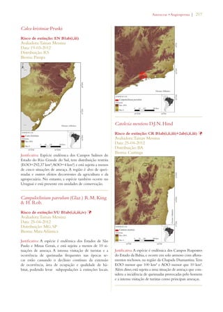 | 217 
Calea kristiniae Pruski 
Risco de extinção: EN B1ab(i,iii) 
Avaliadora: Tainan Messina 
Data: 19-03-2012 
Distribuição: RS 
Bioma: Pampa 
Justificativa: Espécie endêmica dos Campos Sulinos do 
Estado do Rio Grande do Sul, tem distribuição restrita 
(EOO=292,37 km²; AOO=4 km²) e está sujeita a menos 
de cinco situações de ameaça. A região é alvo de quei-madas 
e outros efeitos decorrentes da agricultura e da 
agropecuária. No entanto, a espécie também ocorre no 
Uruguai e está presente em unidades de conservação. 
Campuloclinium parvulum (Glaz.) R.M. King 
 H. Rob. 
Risco de extinção: VU B1ab(i,ii,iii,iv) Þ 
Avaliadora: Tainan Messina 
Data: 25-04-2012 
Distribuição: MG; SP 
Bioma: Mata Atlântica 
Justificativa: A espécie é endêmica dos Estados de São 
Paulo e Minas Gerais, e está sujeita a menos de 10 si-tuações 
de ameaça. A intensa visitação de turistas e a 
ocorrência de queimadas frequentes nas épocas se-cas 
estão causando o declínio contínuo da extensão 
de ocorrência, área de ocupação e qualidade de há-bitat, 
podendo levar subpopulações à extinções locais. 
!STERACEAEs!NGIOSPERMA 
Catolesia mentiens D.J.N. Hind 
Risco de extinção: CR B1ab(i,ii,iii)+2ab(i,ii,iii) Þ 
Avaliadora: Tainan Messina 
Data: 25-04-2012 
Distribuição: BA 
Bioma: Caatinga 
Justificativa: A espécie é endêmica dos Campos Rupestres 
do Estado da Bahia, e ocorre em solo arenoso com aflora-mentos 
rochosos, na região da Chapada Diamantina. Tem 
EOO menor que 100 km² e AOO menor que 10 km². 
Além disso, está sujeita a uma situação de ameaça que con-sidera 
a incidência de queimadas provocadas pelo homem 
e a intensa visitação de turistas como principais ameaças. 
 