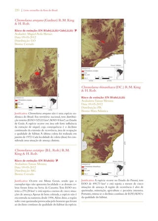 220 | Livro vermelho da flora do Brasil 
Chromolaena arrayana (Gardner) R.M. King 
 H. Rob. 
Risco de extinção: EN B1ab(i,ii,iii)+2ab(i,ii,iii) Þ 
Avaliador: Miguel Avila Moraes 
Data: 09-05-2012 
Distribuição: GO 
Bioma: Cerrado 
Justificativa: Chromolaena arrayana não é uma espécie en-dêmica 
do Brasil. Em território nacional, tem distribui-ção 
restrita (EOO=523,03 km²; AOO=8 km²) ao Estado 
de Goiás. A espécie ocorre em área sob forte influência 
da extração de níquel, cuja consequência é o declínio 
continuado da extensão de ocorrência, área de ocupação 
e qualidade de hábitat. A última coleta foi realizada em 
janeiro de 1972. Cada localidade de coleta (duas) foi con-siderada 
uma situação de ameaça distinta. 
Chromolaena costatipes (B.L. Rob.) R.M. 
King  H. Rob. 
Risco de extinção: EN B1ab(iii) Þ 
Avaliadora: Tainan Messina 
Data: 09-05-2012 
Distribuição: MG 
Bioma: Cerrado 
Justificativa: Ocorre em Minas Gerais, sendo que o 
exemplar-tipo não apresenta localidade e as demais co-letas 
foram feitas na Serra da Canastra. Tem EOO res-trito 
a 270,28 km² e está sujeita a menos de cinco situa-ções 
de ameaça. Apesar de bem coletada, a espécie não é 
encontrada na natureza desde 1996. Além disso, a região 
sofre com queimadas provocadas pelo homem que levam 
ao declínio contínuo da qualidade do hábitat da espécie. 
Chromolaena rhinanthacea (DC.) R.M. King 
 H. Rob. 
Risco de extinção: EN B1ab(i,ii,iii) 
Avaliadora: Tainan Messina 
Data: 09-05-2012 
Distribuição: PR 
Bioma: Mata Atlântica 
Justificativa: A espécie ocorre no Estado do Paraná, tem 
EOO de 490,73 km² e está sujeita a menos de cinco 
situações de ameaça. A região de ocorrência é alvo de 
queimadas, mineração, agricultura e pecuária intensiva. 
Portanto, estima-se o declínio contínuo de EOO, AOO e 
da qualidade do hábitat. 
 