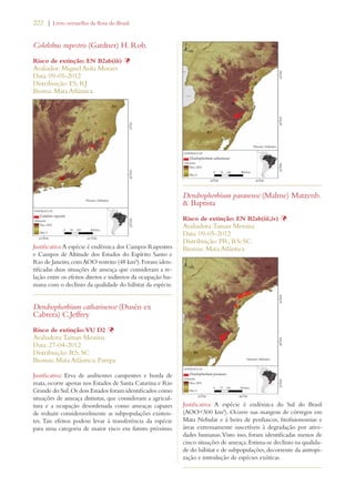 222 | Livro vermelho da flora do Brasil 
Cololobus rupestris (Gardner) H. Rob. 
Risco de extinção: EN B2ab(iii) Þ 
Avaliador: Miguel Avila Moraes 
Data: 09-05-2012 
Distribuição: ES; RJ 
Bioma: Mata Atlântica 
Justificativa: A espécie é endêmica dos Campos Rupestres 
e Campos de Altitude dos Estados do Espírito Santo e 
Rio de Janeiro, com AOO restrito (48 km²). Foram iden-tificadas 
duas situações de ameaça que consideram a re-lação 
entre os efeitos diretos e indiretos da ocupação hu-mana 
com o declínio da qualidade do hábitat da espécie. 
Dendrophorbium catharinense (Dusén ex 
Cabrera) C.Jeffrey 
Risco de extinção: VU D2 Þ 
Avaliadora: Tainan Messina 
Data: 27-04-2012 
Distribuição: RS; SC 
Biomas: Mata Atlântica; Pampa 
Justificativa: Erva de ambientes campestres e borda de 
mata, ocorre apenas nos Estados de Santa Catarina e Rio 
Grande do Sul. Os dois Estados foram identificados como 
situações de ameaça distintas, que consideram a agricul-tura 
e a ocupação desordenada como ameaças capazes 
de reduzir consideravelmente as subpopulações existen-tes. 
Tais efeitos podem levar à transferência da espécie 
para uma categoria de maior risco em futuro próximo. 
Dendrophorbium paranense (Malme) Matzenb. 
 Baptista 
Risco de extinção: EN B2ab(iii,iv) Þ 
Avaliadora: Tainan Messina 
Data: 09-05-2012 
Distribuição: PR; RS; SC 
Biomas: Mata Atlântica 
Justificativa: A espécie é endêmica do Sul do Brasil 
(AOO500 km²). Ocorre nas margens de córregos em 
Mata Nebular e à beira de penhascos, fitofisionomias e 
áreas extremamente suscetíveis à degradação por ativi-dades 
humanas. Visto isso, foram identificadas menos de 
cinco situações de ameaça. Estima-se declínio na qualida-de 
do hábitat e de subpopulações, decorrente da antropi-zação 
e introdução de espécies exóticas. 
 