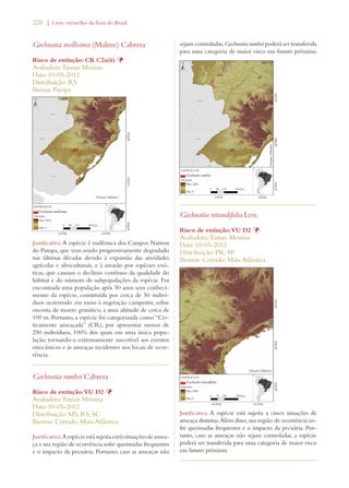 228 | Livro vermelho da flora do Brasil 
Gochnatia mollisima (Malme) Cabrera 
Risco de extinção: CR C2a(ii) Þ 
Avaliadora: Tainan Messina 
Data: 10-05-2012 
Distribuição: RS 
Bioma: Pampa 
Justificativa: A espécie é endêmica dos Campos Nativos 
do Pampa, que vem sendo progressivamente degradado 
nas últimas décadas devido à expansão das atividades 
agrícolas e silviculturais, e à invasão por espécies exó-ticas, 
que causam o declínio contínuo da qualidade do 
hábitat e do número de subpopulações da espécie. Foi 
encontrada uma população após 50 anos sem conheci-mento 
da espécie, constituída por cerca de 50 indiví-duos 
ocorrendo em meio à vegetação campestre, sobre 
encosta de morro granítico, a uma altitude de cerca de 
100 m. Portanto, a espécie foi categorizada como “Cri-ticamente 
ameaçada” (CR), por apresentar menos de 
250 indivíduos, 100% dos quais em uma única popu-lação, 
tornando-a extremamente suscetível aos eventos 
estocásticos e às ameaças incidentes nos locais de ocor-rência. 
Gochnatia ramboi Cabrera 
Risco de extinção: VU D2 Þ 
Avaliadora: Tainan Messina 
Data: 10-05-2012 
Distribuição: MS; RS; SC 
Biomas: Cerrado; Mata Atlântica 
Justificativa: A espécie está sujeita a três situações de amea-ça 
e sua região de ocorrência sofre queimadas frequentes 
e o impacto da pecuária. Portanto, caso as ameaças não 
sejam controladas, Gochnatia ramboi poderá ser transferida 
para uma categoria de maior risco em futuro próximo. 
Gochnatia rotundifolia Less. 
Risco de extinção: VU D2 Þ 
Avaliadora: Tainan Messina 
Data: 10-05-2012 
Distribuição: PR; SP 
Biomas: Cerrado; Mata Atlântica 
Justificativa: A espécie está sujeita a cinco situações de 
ameaça distintas. Além disso, sua região de ocorrência so-fre 
queimadas frequentes e o impacto da pecuária. Por-tanto, 
caso as ameaças não sejam controladas, a espécie 
poderá ser transferida para uma categoria de maior risco 
em futuro próximo. 
 