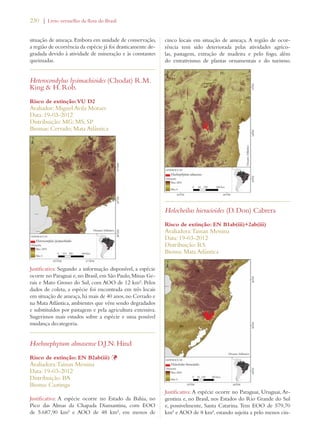 230 | Livro vermelho da flora do Brasil 
situação de ameaça. Embora em unidade de conservação, 
a região de ocorrência da espécie já foi drasticamente de-gradada 
devido à atividade de mineração e às constantes 
queimadas. 
Heterocondylus lysimachioides (Chodat) R.M. 
King  H. Rob. 
Risco de extinção: VU D2 
Avaliador: Miguel Avila Moraes 
Data: 19-03-2012 
Distribuição: MG; MS; SP 
Biomas: Cerrado; Mata Atlântica 
Justificativa: Segundo a informação disponível, a espécie 
ocorre no Paraguai e, no Brasil, em São Paulo, Minas Ge-rais 
e Mato Grosso do Sul, com AOO de 12 km². Pelos 
dados de coleta, a espécie foi encontrada em três locais 
em situação de ameaça, há mais de 40 anos, no Cerrado e 
na Mata Atlântica, ambientes que vêm sendo degradados 
e substituídos por pastagens e pela agricultura extensiva. 
Sugerimos mais estudos sobre a espécie e uma possível 
mudança decategoria. 
Hoehnephytum almasense D.J.N. Hind 
Risco de extinção: EN B2ab(iii) Þ 
Avaliadora: Tainan Messina 
Data: 19-03-2012 
Distribuição: BA 
Bioma: Caatinga 
Justificativa: A espécie ocorre no Estado da Bahia, no 
Pico das Almas da Chapada Diamantina, com EOO 
de 5.687,90 km² e AOO de 48 km², em menos de 
cinco locais em situação de ameaça. A região de ocor-rência 
tem sido deteriorada pelas atividades agríco-las, 
pastagem, extração de madeira e pelo fogo, além 
do extrativismo de plantas ornamentais e do turismo. 
Holocheilus hieracioides (D. Don) Cabrera 
Risco de extinção: EN B1ab(iii)+2ab(iii) 
Avaliadora: Tainan Messina 
Data: 19-03-2012 
Distribuição: RS 
Bioma: Mata Atlântica 
Justificativa: A espécie ocorre no Paraguai, Uruguai, Ar-gentina 
e, no Brasil, nos Estados do Rio Grande do Sul 
e, possivelmente, Santa Catarina. Tem EOO de 579,70 
km² e AOO de 8 km², estando sujeita a pelo menos cin- 
 