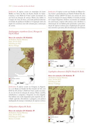 232 | Livro vermelho da flora do Brasil 
Justificativa: A espécie ocorre no município de Lauro 
Muller, na Serra do Rio do Rastro, Estado de Santa- 
Catarina, e tem AOO de 8 km², sendo encontrada em 
um local em situação de ameaça. Planta rara, habita os 
Campos de Cima da Serra, crescendo preferencialmente 
em fendas de penhascos basálticos. A vegetação nativa da 
região de ocorrência tem sido retirada para a mineração 
de carvão. 
Ianthopappus corymbosus (Less.) Roque  
D.J.N. Hind 
Risco de extinção: CR B2ab(iii) 
Avaliadora: Tainan Messina 
Data: 20-03-2012 
Distribuição: RS 
Bioma: Pampa 
Justificativa: A espécie ocorre no Uruguai, na Argenti-na 
e, no Brasil, no Estado do Rio Grande do Sul, com 
EOO de 291,34 km² e AOO de 4 km², sendo encontra-da 
em um local em situação de ameaça. Planta caméfita, 
subarbustiva e campestre, é frequente em áreas alagadas. 
Seu hábitat vem sendo degradado pela expansão das ati-vidades 
agrícolas, silviculturais e pastagens, com práticas 
inadequadas de manejo e introdução de espécies exóticas. 
Ichthyothere elliptica H. Rob. 
Risco de extinção: EN B2ab(iii) Þ 
Avaliadora: Tainan Messina 
Data: 20-03-2012 
Distribuição: GO; MG 
Bioma: Cerrado 
Justificativa: A espécie ocorre nos Estados de Minas Ge-rais, 
Goiás e, possivelmente, no Distrito Federal. Tem dis-tribuição 
restrita (AOO=32 km²), em menos de cinco 
locais em situação de ameaça. Habita o Cerrado, em áreas 
de Campos Rupestres. Embora encontrada em unidade 
de conservação, a espécie sofre ameaça com o declínio e a 
deterioração de seu hábitat pelas queimadas e pela intro-dução 
de espécies exóticas para a implantação de agricul-tura 
extensiva e pecuária, além da mineração e do turismo. 
Lepidaploa almasensis (D.J.N. Hind) H. Rob. 
Risco de extinção: CR B2ab(iii) Þ 
Avaliadora: Tainan Messina 
Data: 18-04-2012 
Distribuição: BA 
Bioma: Caatinga 
 
