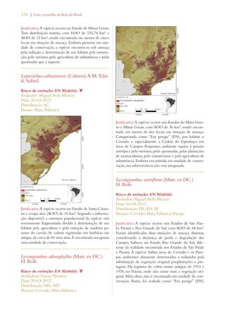 234 | Livro vermelho da flora do Brasil 
Justificativa: A espécie ocorre no Estado de Minas Gerais. 
Tem distribuição restrita, com EOO de 235,74 km² e 
AOO de 12 km², sendo encontrada em menos de cinco 
locais em situação de ameaça. Embora presente em uni-dade 
de conservação, a espécie encontra-se sob ameaça 
pela redução e deterioração de seu hábitat pela minera-ção, 
pelo turismo, pela agricultura de subsistência e pelas 
queimadas que a seguem. 
Leptostelma catharinensis (Cabrera) A.M. Teles 
 Sobral 
Risco de extinção: EN B2ab(iii) Þ 
Avaliador: Miguel Avila Moraes 
Data: 20-03-2012 
Distribuição: SC 
Bioma: Mata Atlântica 
Justificativa: A espécie ocorre no Estado de Santa Catari-na 
e ocupa área (AOO) de 16 km². Segundo a informa-ção 
disponível, a estrutura populacional da espécie está 
severamente fragmentada devido à deterioração de seu 
hábitat pela agricultura e pela extração de madeira pa-rauso 
do carvão. As coletas registradas em herbário são 
antigas, de cerca de 60 anos atrás. É encontrada em apenas 
uma unidade de conservação. 
Lessingianthus adenophyllus (Mart. ex DC.) 
H. Rob. 
Risco de extinção: EN B2ab(iii) Þ 
Avaliadora: Tainan Messina 
Data: 20-03-2012 
Distribuição: MG; MT 
Biomas: Cerrado; Mata Atlântica 
Justificativa: A espécie ocorre nos Estados do Mato Gros-so 
e Minas Gerais, com AOO de 36 km², sendo encon-trada 
em menos de dez locais em situação de ameaça. 
Categorizada como “Em perigo” (EN), por habitar o 
Cerrado e especialmente a Cadeia do Espinhaço em 
áreas de Campos Rupestres, ambiente sujeito à pressão 
antrópica pelo turismo, pelas queimadas, pelas plantações 
de monoculturas, pelo extrativismo e pela agricultura de 
subsistência. Embora encontrada em unidade de conser-vação, 
sua sobrevivência não está assegurada. 
Lessingianthus asteriflorus (Mart. ex DC.) 
H. Rob. 
Risco de extinção: EN B2ab(iii) 
Avaliador: Miguel Avila Moraes 
Data: 04-04-2012 
Distribuição: PR; RS; SP 
Biomas: Cerrado; Mata Atlântica; Pampa 
Justificativa: A espécie ocorre nos Estados de São Pau-lo, 
Paraná e Rio Grande do Sul, com AOO de 68 km². 
Foram identificadas duas situações de ameaça distintas, 
considerando a dinâmica de perda e degradação dos 
Campos Sulinos, no Estado Rio Grande do Sul, dife-rente 
da realidade encontrada nos Estados de São Paulo 
e Paraná. A espécie habita áreas de Cerrado e os Pam-pas, 
ambientes altamente deteriorados e reduzidos pela 
substituição da vegetação original porplantações e pas-tagens. 
Há registros de coleta muito antigos, de 1914 e 
1928, no Paraná, onde não existe mais a vegetação ori-ginal. 
Além disso, não é encontrada em unidade de con-servação. 
Assim, foi avaliada como “Em perigo” (EN). 
 