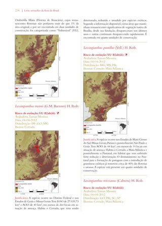 236 | Livro vermelho da flora do Brasil 
Ombrófila Mista (Floresta de Araucária), cujos rema-nescentes 
florestais não perfazem mais do que 1% da 
área original, e por ser encontrada em duas unidades de 
conservação, foi categorizada como “Vulnerável” (VU). 
Lessingianthus irwinii (G.M. Barroso) H. Rob. 
Risco de extinção: VU B2ab(iii) Þ 
Avaliadora: Tainan Messina 
Data: 04-04-2012 
Distribuição: DF; GO; MG 
Bioma: Cerrado 
Justificativa: A espécie ocorre no Distrito Federal e nos 
Estados de Goiás e Minas Gerais. Tem EOO de 27.035,73 
km² e AOO de 40 km², em menos de dez locais em si-tuação 
de ameaça. Habita o Cerrado, que vem sendo 
deteriorado, reduzido e invadido por espécies exóticas. 
Segundo a informação disponível, várias áreas que manti-nham 
remanescentes significativos de vegetação nativa de 
Brasília, desde sua fundação, desapareceram nos últimos 
anos e outras continuam desaparecendo rapidamente. É 
encontrada em quatro unidades de conservação. 
Lessingianthus pumillus (Vell.) H. Rob. 
Risco de extinção: VU B2ab(iii) Þ 
Avaliadora: Tainan Messina 
Data: 04-04-2012 
Distribuição: MG; MS; PR 
Biomas: Cerrado; Mata Atlântica 
Justificativa: A espécie ocorre nos Estados de Mato Grosso 
do Sul, Minas Gerais, Paraná e, possivelmente, São Paulo e 
Goiás. Tem AOO de 44 km², em menos de 10 locais em 
situação de ameaça. Habita o Cerrado, a Mata Atlântica e 
possivelmente o Pantanal, em hábitat que vem sofrendo 
forte redução e deterioração. O desmatamento no Pan-tanal 
para a formação de pastagens com a introdução de 
gramíneas exóticas já removeu cerca de 40% das florestas 
e savanas. A espécie está presente em quatro unidades de 
conservação. 
Lessingianthus reitzianus (Cabrera) H. Rob. 
Risco de extinção: VU B2ab(iii) 
Avaliadora: Tainan Messina 
Data: 04-04-2012 
Distribuição: GO; PR; SC; SP 
Biomas: Cerrado; Mata Atlântica 
 