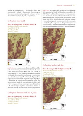 | 241 
situação de ameaça. Habita o Cerrado, nos Campos Ru-pestres, 
onde a redução e deterioração têm como prin-cipais 
causas a mineração, a expansão urbana, o turismo 
descontrolado, a criação de gado e as queimadas. 
Lychnophora crispa Mattf. 
Risco de extinção: EN B1ab(iii)+2ab(iii) Þ 
Avaliador: Miguel Avila Moraes 
Data: 21-03-2012 
Distribuição: BA 
Bioma: Caatinga 
Justificativa: A espécie ocorre no Estado da Bahia, na Cha-pada 
Diamantina e, possivelmente, no Estado de Minas 
Gerais, município de Grão Mogol. Tem EOO de 541,58 
km² e AOO de 12 km², sendo encontrada em dois locais 
em situação de ameaça. Habita a Caatinga e, possivelmen-te, 
o Cerrado onde, segundo informação disponível, sua 
população está severamente fragmentada pela degradação 
e diminuição do hábitat. Tal deterioração há muito vem 
ocorrendo em função da mineração, das atividades agrí-colas 
e pastagens, do fogo, da extração de madeira e lenha 
e da extração ilegal de plantas ornamentais. Mesmo es-tando 
em unidade de conservação, as ameaças persistem. 
Lychnophora diamantinana Coile  Jones 
Risco de extinção: EN B1ab(iii)+2ab(iii) Þ 
Avaliador: Miguel Avila Moraes 
Data: 21-03-2012 
Distribuição: MG 
Bioma: Cerrado 
!STERACEAEs!NGIOSPERMA 
Justificativa: A espécie ocorre nos arredores do município 
de Diamantina, no Estado de Minas Gerais, com EOO de 
203,45 km² e AOO de 16 km², sendo encontrada em um 
local em situação de ameaça. Habita o Cerrado nos Cam-pos 
Rupestres, entre 950 m e 1.500 m de altitude, numa 
região onde foram identificadas como principais ameaças 
a mineração, a expansão urbana, o turismo descontrolado, 
a criação de gado e as queimadas. A espécie tem potencial 
valor econômico por apresentar diferentes compostos or-gânicos 
com efeitos antinociceptivos e anticonvulsivantes. 
Lychnophora gardneri Sch.Bip. 
Risco de extinção: EN B1ab(iii)+2ab(iii) Þ 
Avaliador: Miguel Avila Moraes 
Data: 21-03-2012 
Distribuição: MG 
Biomas: Cerrado; Mata Atlântica 
 