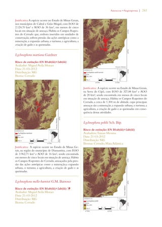| 243 
Justificativa: A espécie ocorre no Estado de Minas Gerais, 
nos municípios de Cabral e Grão Mogol, com EOO de 
2.124,70 km² e AOO de 36 km², em menos de cinco 
locais em situação de ameaça. Habita os Campos Rupes-tres 
do Cerrado que, embora inseridos em unidades de 
conservação, sofrem pressão das ações antrópicas como a 
mineração, a expansão urbana, o turismo, a agricultura, a 
criação de gado e as queimadas. 
Lychnophora martiana Gardner 
Risco de extinção: EN B1ab(iii)+2ab(iii) 
Avaliador: Miguel Avila Moraes 
Data: 21-03-2012 
Distribuição: MG 
Bioma: Cerrado 
Justificativa: A espécie ocorre no Estado de Minas Ge-rais, 
na região do município de Diamantina, com EOO 
de 3.962,71 km² e AOO de 16 km², sendo encontrada 
em menos de cinco locais em situação de ameaça. Habita 
os Campos Rupestres do Cerrado, ameaçados pela pres-são 
das ações antrópicas como a mineração,a expansão 
urbana, o turismo, a agricultura, a criação de gado e as 
queimadas. 
Lychnophora mello-barretoi G.M. Barroso 
Risco de extinção: EN B1ab(iii)+2ab(iii) Þ 
Avaliador: Miguel Avila Moraes 
Data: 21-03-2012 
Distribuição: MG 
Bioma: Cerrado 
!STERACEAEs!NGIOSPERMA 
Justificativa: A espécie ocorre no Estado de Minas Gerais, 
na Serra do Cipó, com EOO de 327,88 km² e AOO 
de 20 km², sendo encontrada em menos de cinco locais 
em situação de ameaça. Habita os Campos Rupestres do 
Cerrado, a cerca de 1.300 m de altitude, cujas principais 
ameaças são a mineração, a expansão urbana, o turismo, a 
agricultura, a criação de gado e as queimadas em conse-quência 
dessas atividades. 
Lychnophora pohlii Sch. Bip. 
Risco de extinção: EN B1ab(iii)+2ab(iii) 
Avaliadora: Tainan Messina 
Data: 21-03-2012 
Distribuição: MG 
Biomas: Cerrado; Mata Atlântica 
 