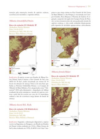 | 251 
rioração pela mineração, invasão de espécies exóticas, 
ocorrência de incêndios e expansão urbana. 
Mikania clematidifolia Dusén 
Risco de extinção: VU B2ab(iii) Þ 
Avaliadora: Tainan Messina 
Data: 14-05-2012 
Distribuição: MG; PR; RS; SC 
Biomas: Mata Atlântica; Pampa 
Justificativa: A espécie ocorre nos Estados de Minas Ge-rais, 
Paraná, Santa Catarina e Rio Grande do Sul, com 
AOO de 36 km², sendo encontrada em menos de 10 
locais em situação de ameaça. Trata-se de uma liana que 
habita as Florestas Ombrófilas Densas e os Campos de 
Altitude da Mata Atlântica. Foi categorizada como “ Vul-nerável” 
(VU) pela diminuição e degradação do hábitat 
resultante das ações antrópicas e invasão de espécies exó-ticas 
e pelo fato de ocorrer em cerca de 10 municípios, 
embora a área de ocorrência esteja dentro do limiar de 
ameaça. 
Mikania dusenii B.L. Rob. 
Risco de extinção: CR B2ab(ii,iii,iv) 
Avaliadora: Tainan Messina 
Data: 14-05-2012 
Distribuição: MS; PR 
Biomas: Mata Atlântica; Pantanal 
Justificativa: Segundo a informação disponível, a espécie 
ocorre na Argentina, no Paraguai e, no Brasil, nos Estados 
do Paraná (coleta realizada em 1916) e Mato Grosso do 
Sul (coleta realizada em 1970). A AOO é de 8 km². Sus-peita- 
!STERACEAEs!NGIOSPERMA 
se que esteja extinta no Rio Grande do Sul. Liana 
da Mata Atlântica e dos Pampas, é encontrada em Cam-pos 
Úmidos, Áreas Brejosas e Florestas de Galeria. A ve-getação 
campestre da região dos Campos Gerais do Para-ná 
e as áreas remanescentes são ameaçadas pela invasão de 
espécies exóticas, e vêm sendo reduzidas drasticamente 
pela expansão de atividades agropecuárias e silviculturais. 
Mikania firmula Baker 
Risco de extinção: VU B2ab(iii) Þ 
Avaliadora: Tainan Messina 
Data: 15-05-2012 
Distribuição: BA; ES; RJ 
Bioma: Mata Atlântica 
 