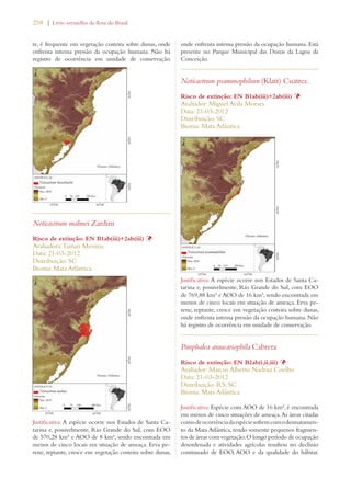 258 | Livro vermelho da flora do Brasil 
te, é frequente em vegetação costeira sobre dunas, onde 
enfrenta intensa pressão da ocupação humana. Não há 
registro de ocorrência em unidade de conservação. 
Noticastrum malmei Zardini 
Risco de extinção: EN B1ab(iii)+2ab(iii) Þ 
Avaliadora: Tainan Messina 
Data: 21-03-2012 
Distribuição: SC 
Bioma: Mata Atlântica 
Justificativa: A espécie ocorre nos Estados de Santa Ca-tarina 
e, possivelmente, Rio Grande do Sul, com EOO 
de 570,28 km² e AOO de 8 km², sendo encontrada em 
menos de cinco locais em situação de ameaça. Erva pe-rene, 
reptante, cresce em vegetação costeira sobre dunas, 
onde enfrenta intensa pressão da ocupação humana. Está 
presente no Parque Municipal das Dunas da Lagoa da 
Conceição. 
Noticastrum psammophilum (Klatt) Cuatrec. 
Risco de extinção: EN B1ab(iii)+2ab(iii) Þ 
Avaliador: Miguel Avila Moraes 
Data: 21-03-2012 
Distribuição: SC 
Bioma: Mata Atlântica 
Justificativa: A espécie ocorre nos Estados de Santa Ca-tarina 
e, possivelmente, Rio Grande do Sul, com EOO 
de 769,88 km² e AOO de 16 km², sendo encontrada em 
menos de cinco locais em situação de ameaça. Erva pe-rene, 
reptante, cresce em vegetação costeira sobre dunas, 
onde enfrenta intensa pressão da ocupação humana. Não 
há registro de ocorrência em unidade de conservação. 
Panphalea araucariophila Cabrera 
Risco de extinção: EN B2ab(i,ii,iii) Þ 
Avaliador: Marcus Alberto Nadruz Coelho 
Data: 21-03-2012 
Distribuição: RS; SC 
Bioma: Mata Atlântica 
Justificativa: Espécie com AOO de 16 km², é encontrada 
em menos de cinco situações de ameaça. As áreas citadas 
como de ocorrência da espécie sofrem com o desmatamen-to 
da Mata Atlântica, tendo somente pequenos fragmen-tos 
de áreas com vegetação. O longo período de ocupação 
desordenada e atividades agrícolas resultou no declínio 
continuado de EOO, AOO e da qualidade do hábitat. 
 