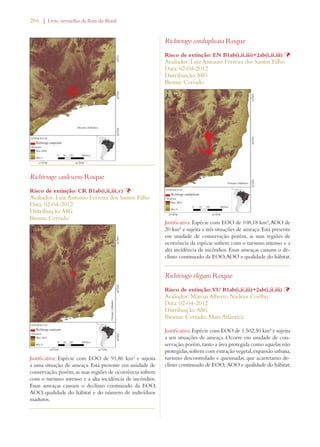 266 | Livro vermelho da flora do Brasil 
Richterago caulescens Roque 
Risco de extinção: CR B1ab(i,ii,iii,v) Þ 
Avaliador: Luiz Antonio Ferreira dos Santos Filho 
Data: 02-04-2012 
Distribuição: MG 
Bioma: Cerrado 
Justificativa: Espécie com EOO de 91,86 km² e sujeita 
a uma situação de ameaça. Está presente em unidade de 
conservação, porém, as suas regiões de ocorrência sofrem 
com o turismo intenso e a alta incidência de incêndios. 
Essas ameaças causam o declínio continuado da EOO, 
AOO, qualidade do hábitat e do número de indivíduos 
maduros. 
Richterago conduplicata Roque 
Risco de extinção: EN B1ab(i,ii,iii)+2ab(i,ii,iii) Þ 
Avaliador: Luiz Antonio Ferreira dos Santos Filho 
Data: 02-04-2012 
Distribuição: MG 
Bioma: Cerrado 
Justificativa: Espécie com EOO de 108,18 km², AOO de 
20 km² e sujeita a três situações de ameaça. Está presente 
em unidade de conservação porém, as suas regiões de 
ocorrência da espécie sofrem com o turismo intenso e a 
alta incidência de incêndios. Essas ameaças causam o de-clínio 
continuado da EOO, AOO e qualidade do hábitat. 
Richterago elegans Roque 
Risco de extinção: VU B1ab(i,ii,iii)+2ab(i,ii,iii) Þ 
Avaliador: Marcus Alberto Nadruz Coelho 
Data: 02-04-2012 
Distribuição: MG 
Biomas: Cerrado; Mata Atlântica 
Justificativa: Espécie com EOO de 1.502,50 km² e sujeita 
a seis situações de ameaça. Ocorre em unidade de con-servação, 
porém, tanto a área protegida como aquelas não 
protegidas, sofrem com extração vegetal, expansão urbana, 
turismo descontrolado e queimadas, que acarretamo de-clínio 
continuado de EOO, AOO e qualidade do hábitat. 
 