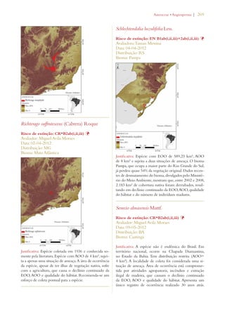 | 269 
Richterago suffrutescens (Cabrera) Roque 
Risco de extinção: CR*B2ab(i,ii,iii) Þ 
Avaliador: Miguel Avila Moraes 
Data: 02-04-2012 
Distribuição: MG 
Bioma: Mata Atlântica 
Justificativa: Espécie coletada em 1936 e conhecida so-mente 
pela literatura. Espécie com AOO de 4 km², sujei-ta 
a apenas uma situação de ameaça. A área de ocorrência 
da espécie, apesar de ter ilhas de vegetação nativa, sofre 
com a agricultura, que causa o declínio continuado da 
EOO, AOO e qualidade do hábitat. Recomenda-se um 
esforço de coleta pontual para a espécie. 
!STERACEAEs!NGIOSPERMA 
Schlechtendalia luzulifolia Less. 
Risco de extinção: EN B1ab(i,ii,iii)+2ab(i,ii,iii) Þ 
Avaliadora: Tainan Messina 
Data: 04-04-2012 
Distribuição: RS 
Bioma: Pampa 
Justificativa: Espécie com EOO de 589,23 km², AOO 
de 8 km² e sujeita a duas situações de ameaça. O bioma 
Pampa, que ocupa a maior parte do Rio Grande do Sul, 
já perdeu quase 54% da vegetação original. Dados recen-tes 
de desmatamento do bioma, divulgados pelo Ministé-rio 
do Meio Ambiente, mostram que, entre 2002 e 2008, 
2.183 km² de cobertura nativa foram derrubados, resul-tando 
em declínio continuado da EOO, AOO, qualidade 
do hábitat e do número de indivíduos maduros. 
Senecio almasensis Mattf. 
Risco de extinção: CR*B2ab(i,ii,iii) Þ 
Avaliador: Miguel Avila Moraes 
Data: 09-05-2012 
Distribuição: BA 
Bioma: Caatinga 
Justificativa: A espécie não é endêmica do Brasil. Em 
território nacional, ocorre na Chapada Diamantina, 
no Estado da Bahia. Tem distribuição restrita (AOO= 
4 km²). A localidade de coleta foi considerada uma si-tuação 
de ameaça. Área de ocorrência está comprome-tida 
por atividades agropastoris, incêndios e extração 
ilegal de madeira, que causam o declínio continuado 
da EOO, AOO e qualidade do hábitat. Apresenta um 
único registro de ocorrência realizado 30 anos atrás. 
 