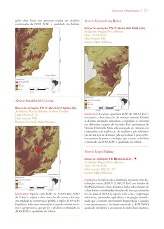 | 271 
giões altas. Todo esse processo resulta em declínio 
continuado da EOO, AOO e qualidade do hábitat. 
Senecio hatschbachii Cabrera 
Risco de extinção: EN B1ab(i,ii,iii)+2ab(i,ii,iii) 
Avaliador: Marcus Alberto Nadruz Coelho 
Data: 09-05-2012 
Distribuição: MG 
Biomas: Cerrado; Mata Atlântica 
Justificativa: Espécie com EOO de 533,80 km², AOO 
de 8 km² e sujeita a duas situações de ameaça. Ocorre 
em unidade de conservação, porém, a região da Serra do 
Espinhaço sofre com mineração, expansão urbana, turis-mo 
e agropecuária, que geram o declínio continuado da 
AOO, EOO e qualidade do hábitat. 
!STERACEAEs!NGIOSPERMA 
Senecio heteroschizus Baker 
Risco de extinção: EN B1ab(i,ii,iii)+2ab(i,ii,iii) 
Avaliador: Miguel Avila Moraes 
Data: 09-05-2012 
Distribuição: PR 
Bioma: Mata Atlântica 
Justificativa: A espécie apresenta EOO de 505,83 km² e 
está sujeita a duas situações de ameaças distintas. Devido 
às diversas atividades antrópicas, a vegetação se encontra 
em diferentes estágios de sucessão. Esse ecossistema de 
Floresta Ombrófila Mista está ameaçado de extinção em 
consequência da exploração de madeira e pela substitui-ção 
de sua área de domínio pela agricultura e pelos reflo-restamentos 
de pinus e eucalipto, que causam o declínio 
continuado da EOO, AOO e qualidade do hábitat. 
Senecio langei Malme 
Risco de extinção: VU B1ab(i,ii,iii,iv) Þ 
Avaliador: Miguel Avila Moraes 
Data: 09-05-2012 
Distribuição: PR; SC; SP 
Bioma: Mata Atlântica 
Justificativa: A espécie não é endêmica do Brasil, com dis-tribuição 
restrita (EOO=12.089,37 km²) aos Estados de 
São Paulo, Paraná e Santa Catarina. Todas as localidades de 
coleta foram consideradas situações de ameaça, somando 
três no total. A AOO da espécie sofre com a exploração 
madeireira, queimadas, agricultura e ocupação desorde-nada, 
que a tornam severamente fragmentada e causam, 
consequentemente, o declínio continuado da EOO, AOO, 
qualidade do hábitat e donúmero de indivíduos maduros. 
 