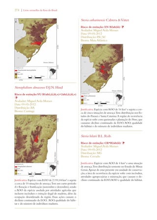 274 | Livro vermelho da flora do Brasil 
Stenophalium almasense D.J.N. Hind 
Risco de extinção: VU B1ab(i,ii,iii,v)+2ab(i,ii,iii,v) 
ÞAvaliador: Miguel Avila Moraes 
Data: 09-05-2012 
Distribuição: BA 
Bioma: Caatinga 
Justificativa: Espécie com EOO de 2.191,04 km² e sujeita 
a cerca de 10 situações de ameaça. Tem um curto período 
d e floração e frutificação (novembro e dezembro), sendo 
a AOO da espécie assolada por atividades agrícolas que 
incluem incêndios e extração ilegal de madeira, além da 
ocupação desordenada da região. Essas ações causam o 
declínio continuado da EOO, AOO, qualidade do hábi-tat 
e do número de indivíduos maduros. 
Stevia catharinensis Cabrera  Vittet 
Risco de extinção: EN B2ab(iii) Þ 
Avaliador: Miguel Avila Moraes 
Data: 09-05-2012 
Distribuição: PR; SC 
Bioma: Mata Atlântica 
Justificativa: Espécie com AOO de 16 km² e sujeita a cer-ca 
de cinco situações de ameaça. Tem distribuição nos Es-tados 
do Paraná e Santa Catarina. A região de ocorrência 
da espécie sofre com queimadas e plantação de Pinus, que 
causamo declíno continuado da EOO, AOO, qualidade 
do hábitat e do número de indivíduos maduros. 
Stevia hilarii B.L. Rob. 
Risco de extinção: CR*B2ab(iii) Þ 
Avaliador: Miguel Avila Moraes 
Data: 09-05-2012 
Distribuição: MG 
Bioma: Cerrado 
Justificativa: Espécie com AOO de 4 km² e uma situação 
de ameaça. Tem distribuição somente no Estado de Minas 
Gerais. Apesar de estar presente em unidade de conserva-ção, 
a área de ocorrência da espécie sofre com incêndios, 
atividades agropecuárias e mineração, que causam o de-clínio 
continuado da EOO, AOO e qualidade do hábitat. 
 