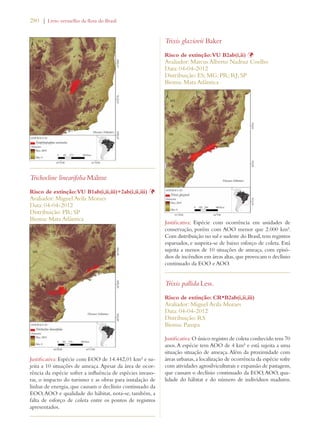 280 | Livro vermelho da flora do Brasil 
Trichocline linearifolia Malme 
Risco de extinção: VU B1ab(i,ii,iii)+2ab(i,ii,iii) Þ 
Avaliador: Miguel Avila Moraes 
Data: 04-04-2012 
Distribuição: PR; SP 
Bioma: Mata Atlântica 
Justificativa: Espécie com EOO de 14.442,01 km² e su-jeita 
a 10 situações de ameaça. Apesar da área de ocor-rência 
da espécie sofrer a influência de espécies invaso-ras, 
o impacto do turismo e as obras para instalação de 
linhas de energia, que causam o declínio continuado da 
EOO, AOO e qualidade do hábitat, nota-se, também, a 
falta de esforço de coleta entre os pontos de registros 
apresentados. 
Trixis glaziovii Baker 
Risco de extinção: VU B2ab(i,ii) Þ 
Avaliador: Marcus Alberto Nadruz Coelho 
Data: 04-04-2012 
Distribuição: ES; MG; PR; RJ; SP 
Bioma: Mata Atlântica 
Justificativa: Espécie com ocorrência em unidades de 
conservação, porém com AOO menor que 2.000 km². 
Com distribuição no sul e sudeste do Brasil, tem registros 
esparsados, e suspeita-se de baixo esforço de coleta. Está 
sujeita a menos de 10 situações de ameaça, com episó-dios 
de incêndios em áreas altas, que provocam o declínio 
continuado da EOO e AOO. 
Trixis pallida Less. 
Risco de extinção: CR*B2ab(i,ii,iii) 
Avaliador: Miguel Avila Moraes 
Data: 04-04-2012 
Distribuição: RS 
Bioma: Pampa 
Justificativa: O único registro de coleta conhecido tem 70 
anos. A espécie tem AOO de 4 km² e está sujeita a uma 
situação situação de ameaça. Além da proximidade com 
áreas urbanas, a localização de ocorrência da espécie sofre 
com atividades agrosilviculturais e expansão de pastagens, 
que causam o declínio continuado da EOO, AOO, qua-lidade 
do hábitat e do número de indivíduos maduros. 
 