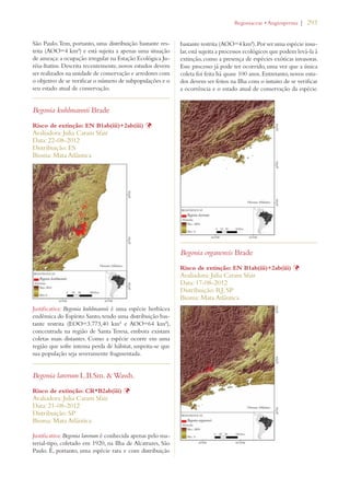 | 293 
São Paulo. Tem, portanto, uma distribuição bastante res-trita 
(AOO=4 km²) e está sujeita a apenas uma situação 
de ameaça: a ocupação irregular na Estação Ecológica Ju-réia- 
Itatins. Descrita recentemente, novos estudos devem 
ser realizados na unidade de conservação e arredores com 
o objetivo de se verificar o número de subpopulações e o 
seu estado atual de conservação. 
Begonia kuhlmannii Brade 
Risco de extinção: EN B1ab(iii)+2ab(iii) Þ 
Avaliadora: Julia Caram Sfair 
Data: 22-08-2012 
Distribuição: ES 
Bioma: Mata Atlântica 
Justificativa: Begonia kuhlmannii é uma espécie herbácea 
endêmica do Espírito Santo, tendo uma distribuição bas-tante 
restrita (EOO=3.773,40 km² e AOO=64 km²), 
concentrada na região de Santa Teresa, embora existam 
coletas mais distantes. Como a espécie ocorre em uma 
região que sofre intensa perda de hábitat, suspeita-se que 
sua população seja severamente fragmentada. 
Begonia larorum L.B.Sm.  Wassh. 
Risco de extinção: CR*B2ab(iii) Þ 
Avaliadora: Julia Caram Sfair 
Data: 21-08-2012 
Distribuição: SP 
Bioma: Mata Atlântica 
Justificativa: Begonia larorum é conhecida apenas pelo ma-terial- 
tipo, coletado em 1920, na Ilha de Alcatrazes, São 
Paulo. É, portanto, uma espécie rara e com distribuição 
EGONIACEAEs!NGIOSPERMA 
bastante restrita (AOO=4 km²). Por ser uma espécie insu-lar, 
está sujeita a processos ecológicos que podem levá-la à 
extinção, como a presença de espécies exóticas invasoras. 
Esse processo já pode ter ocorrido, uma vez que a única 
coleta foi feita há quase 100 anos. Entretanto, novos estu-dos 
devem ser feitos na Ilha com o intuito de se verificar 
a ocorrência e o estado atual de conservação da espécie. 
Begonia organensis Brade 
Risco de extinção: EN B1ab(iii)+2ab(iii) Þ 
Avaliadora: Julia Caram Sfair 
Data: 17-08-2012 
Distribuição: RJ; SP 
Bioma: Mata Atlântica 
 